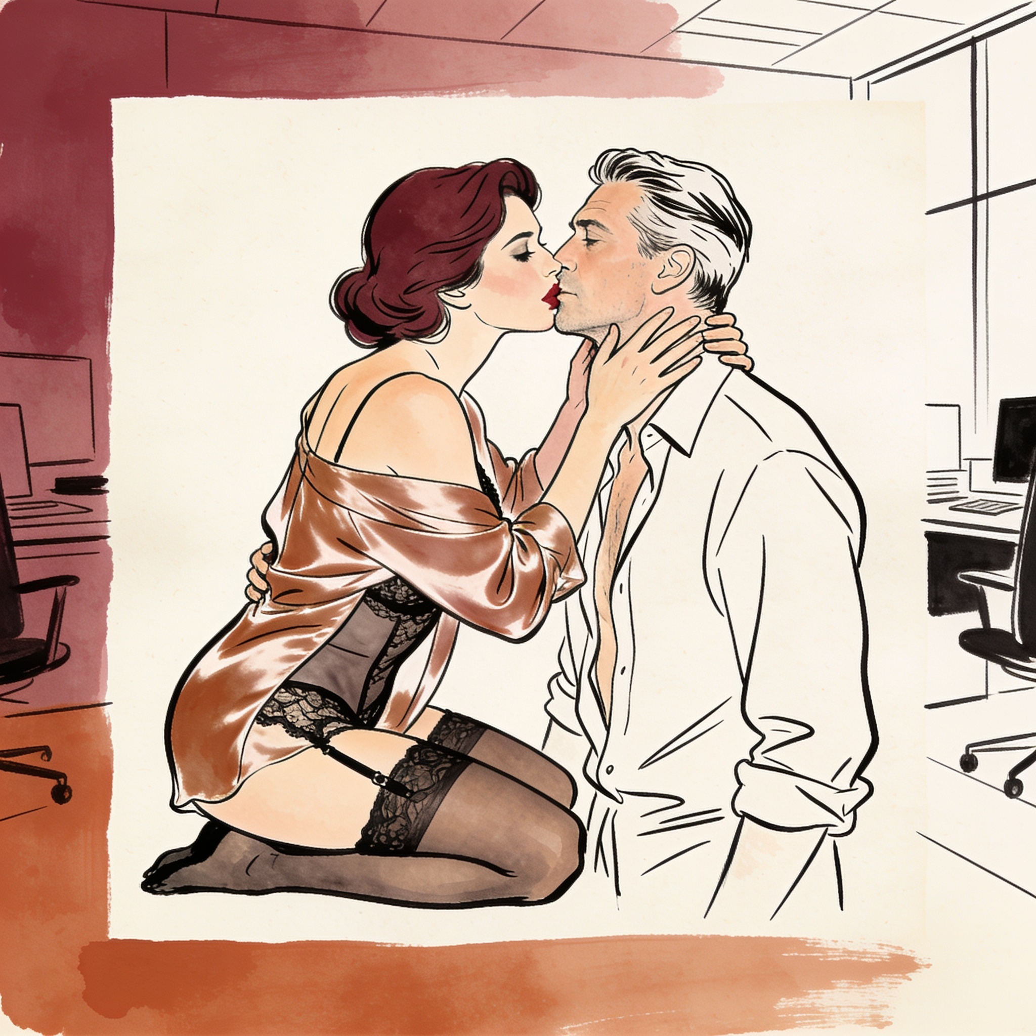 A woman in a silk blouse leans in to kiss a man's jaw in a modern office.