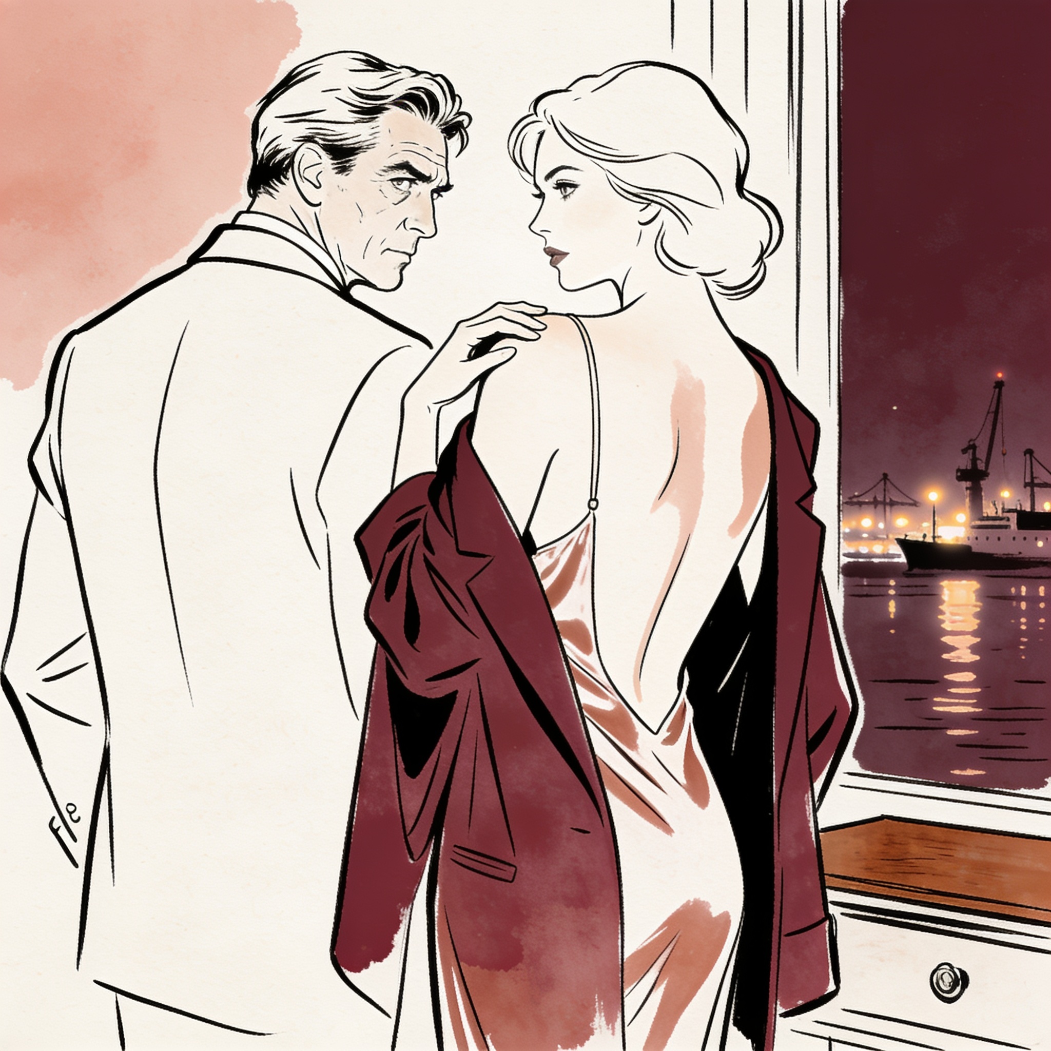 An executive watches his assistant walk away, her back exposed, in a luxurious office.