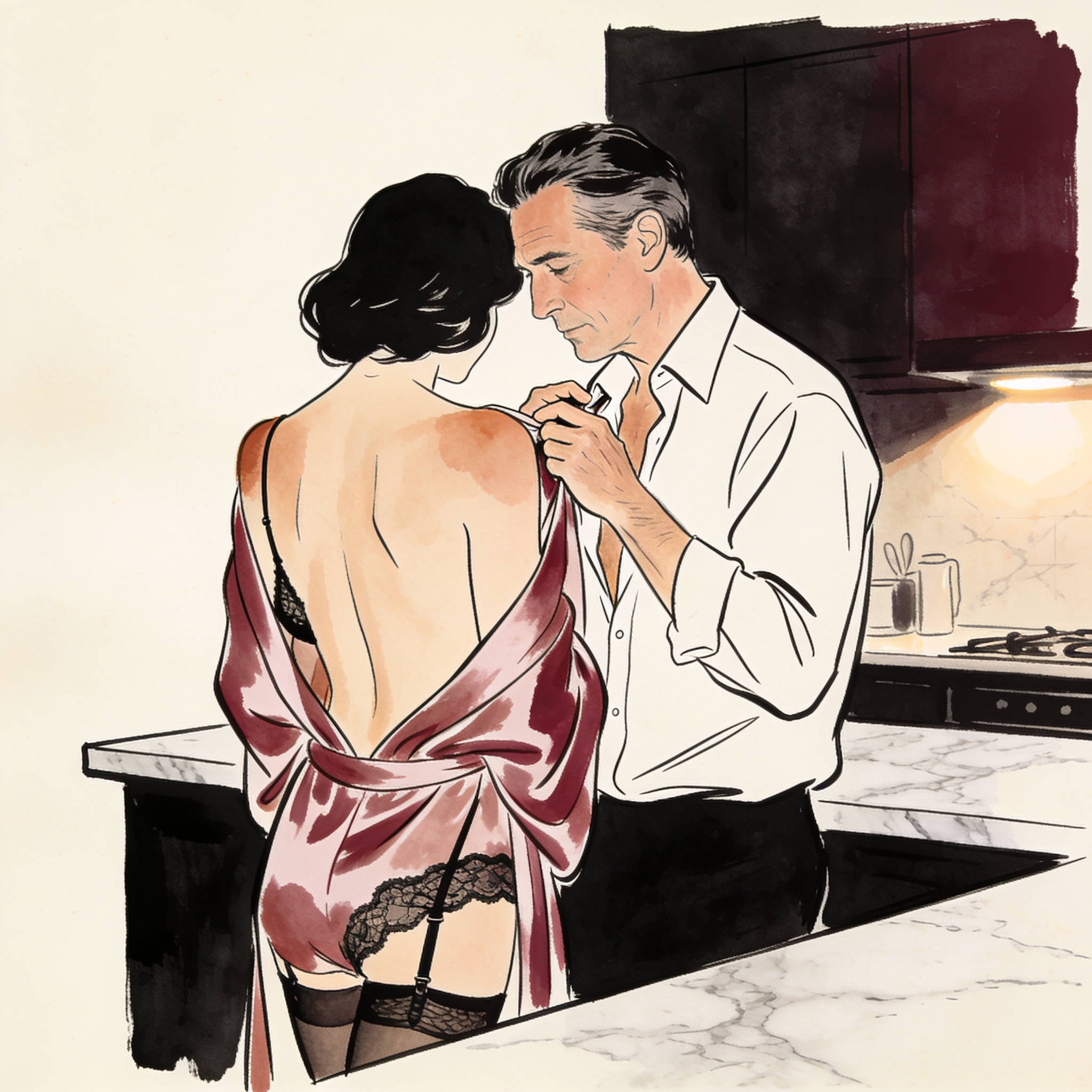 A woman's bare back against a marble counter, a man's hand near her silk robe collar.