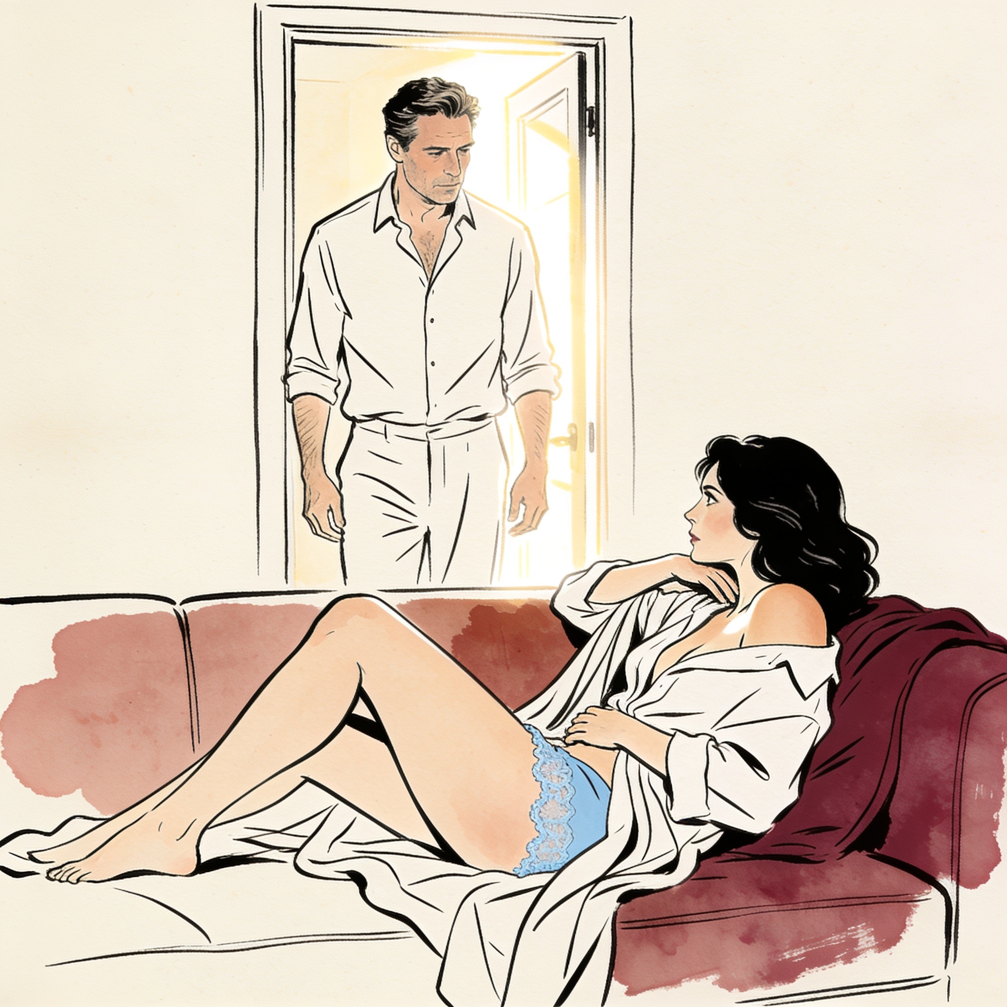 A woman lies on a couch, her leg exposed, as a man watches intently from a doorway.