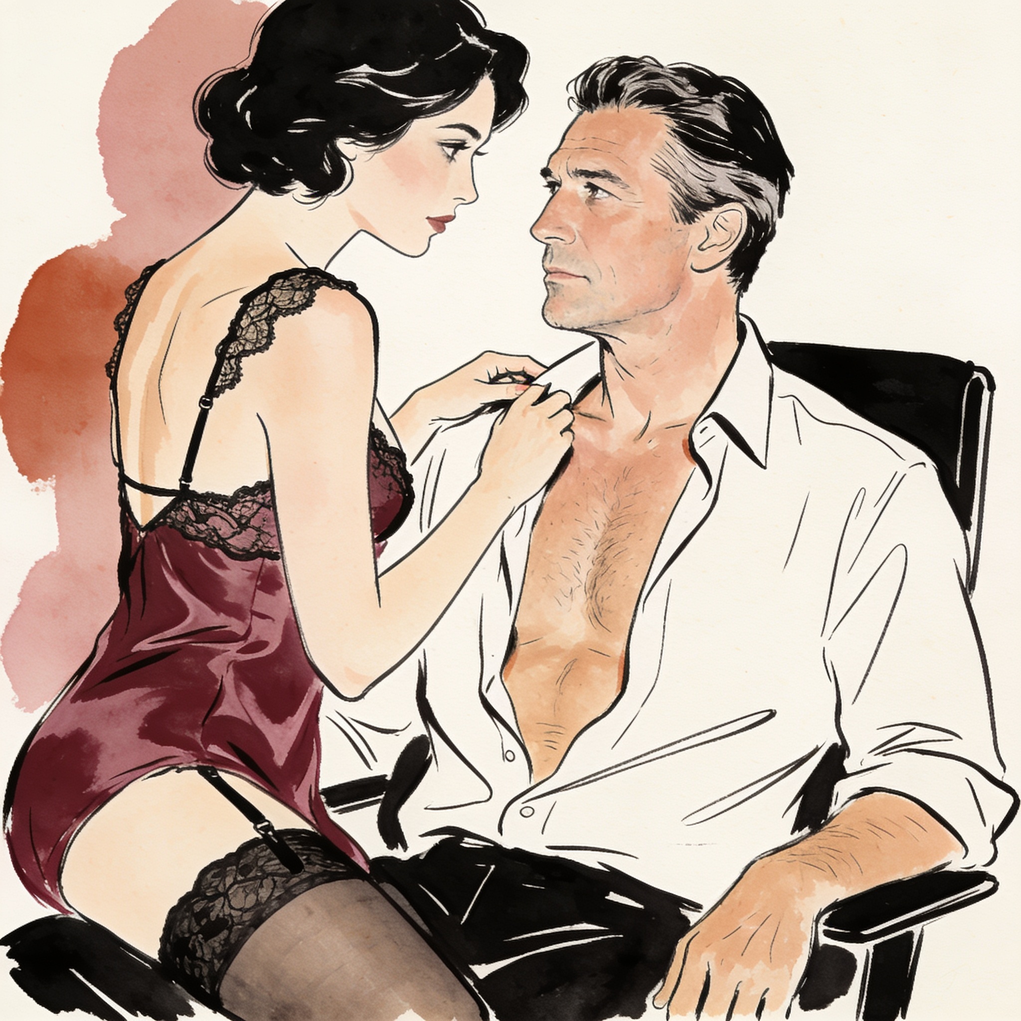 A tense man with unbuttoned shirt and a woman in lace observing him closely, her finger...
