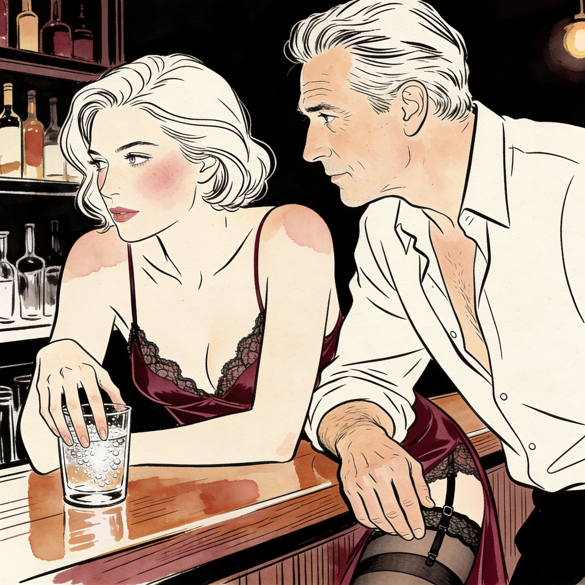 A man and a woman share a charged, intimate moment at a bar.