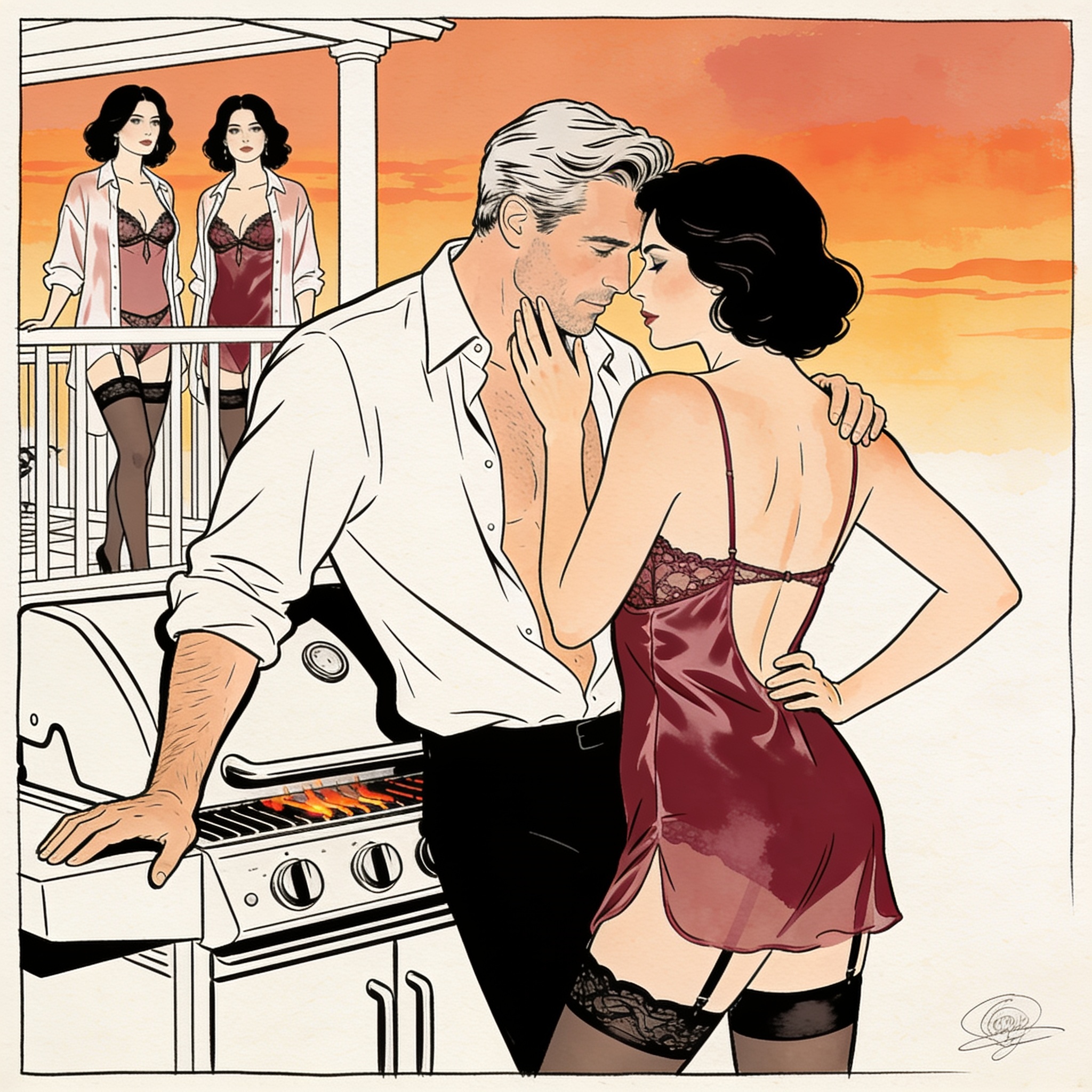 A couple shares an intimate moment at a desert grill, watched from afar.