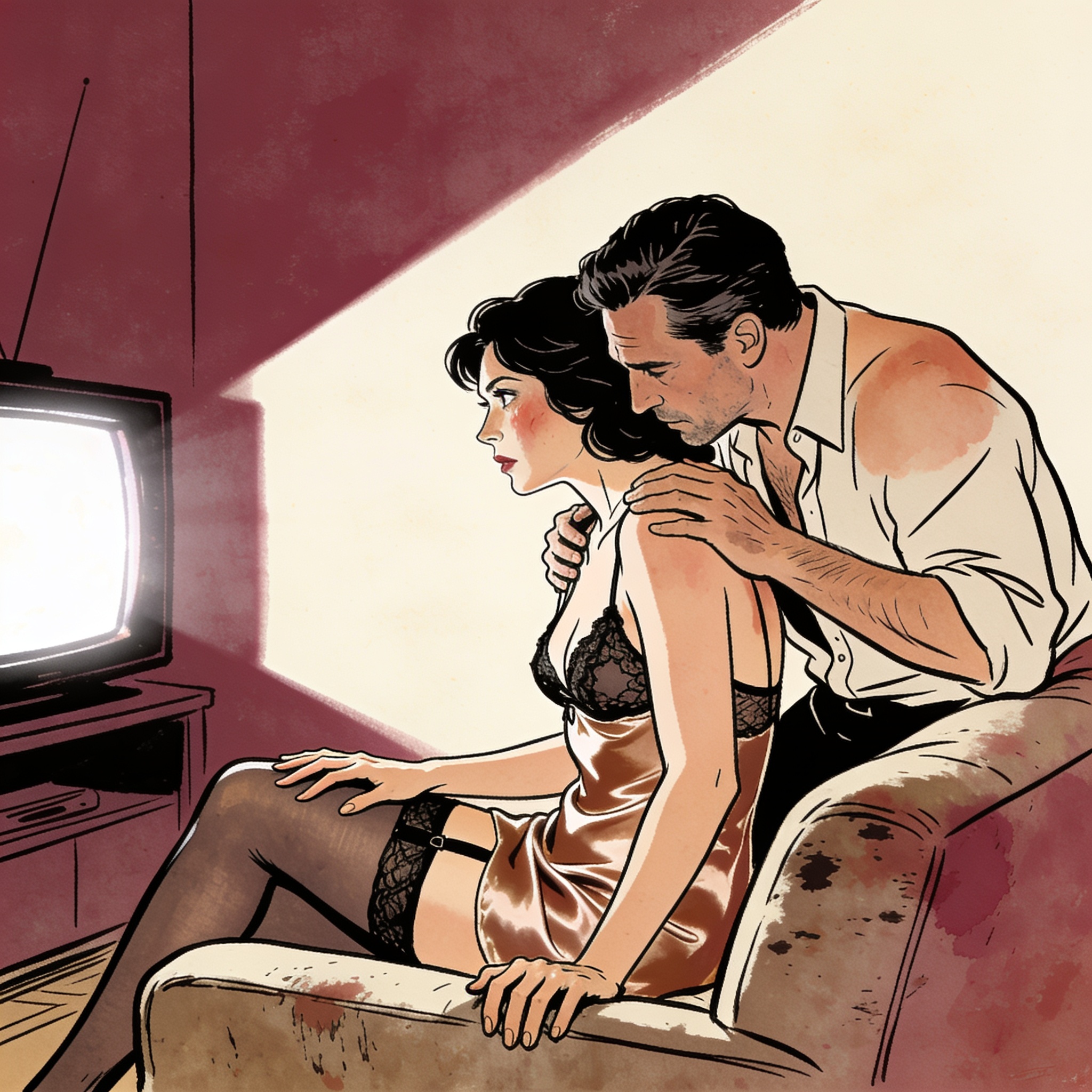 A man leans over a woman in a slip on a couch, tension palpable in their close, shadowe...