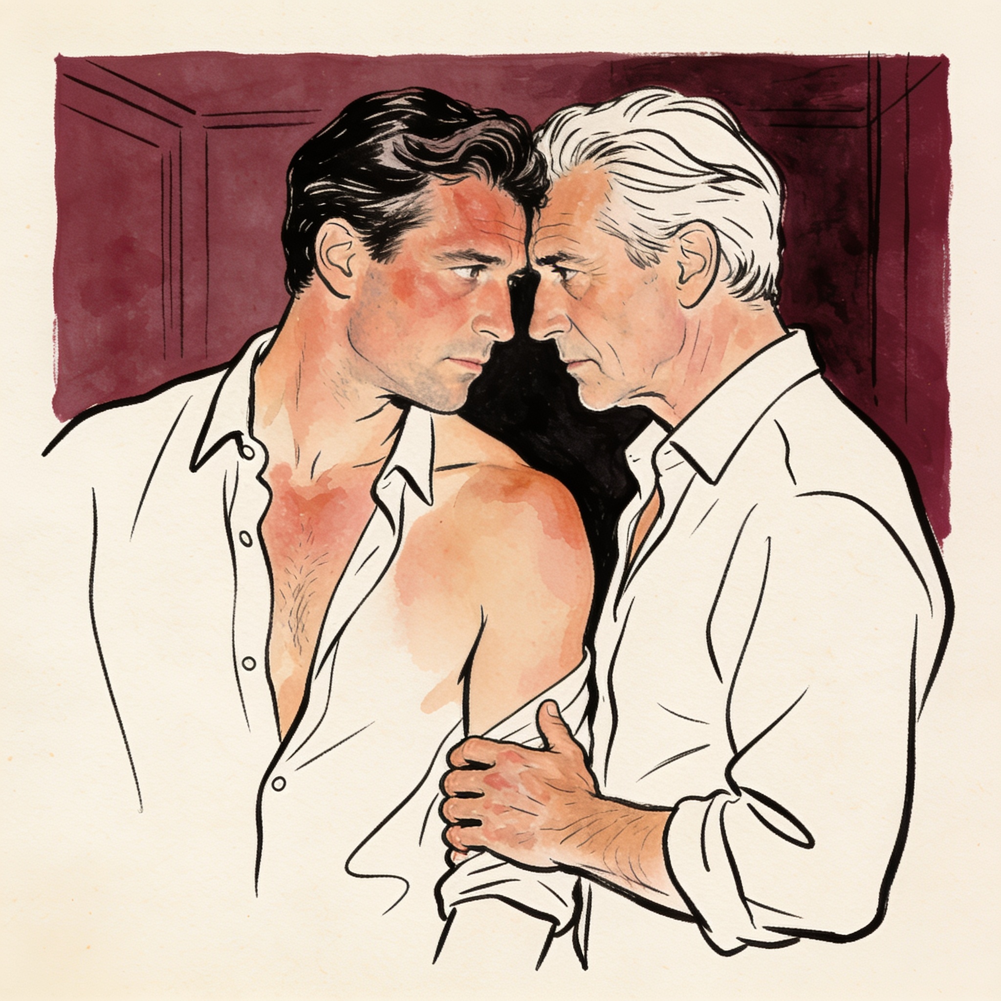 Two men in an intimate, tense moment of unspoken desire and conflict.
