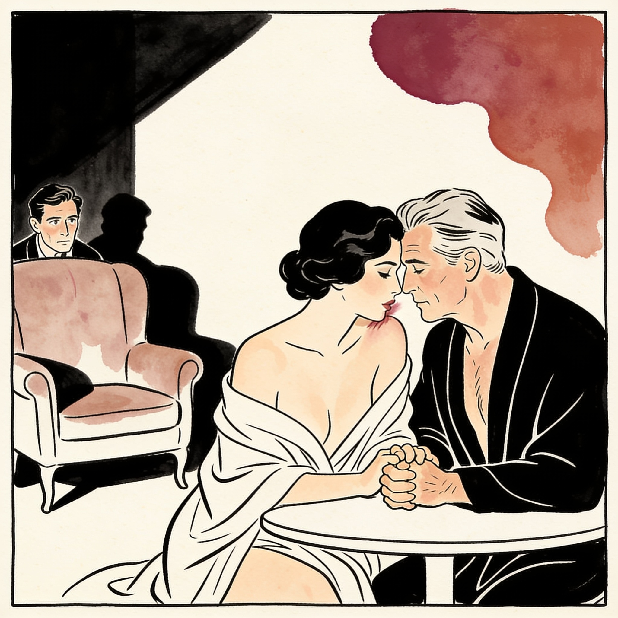 A sensual line art of a blindfolded woman, with a partner watching from a shadowy armch...