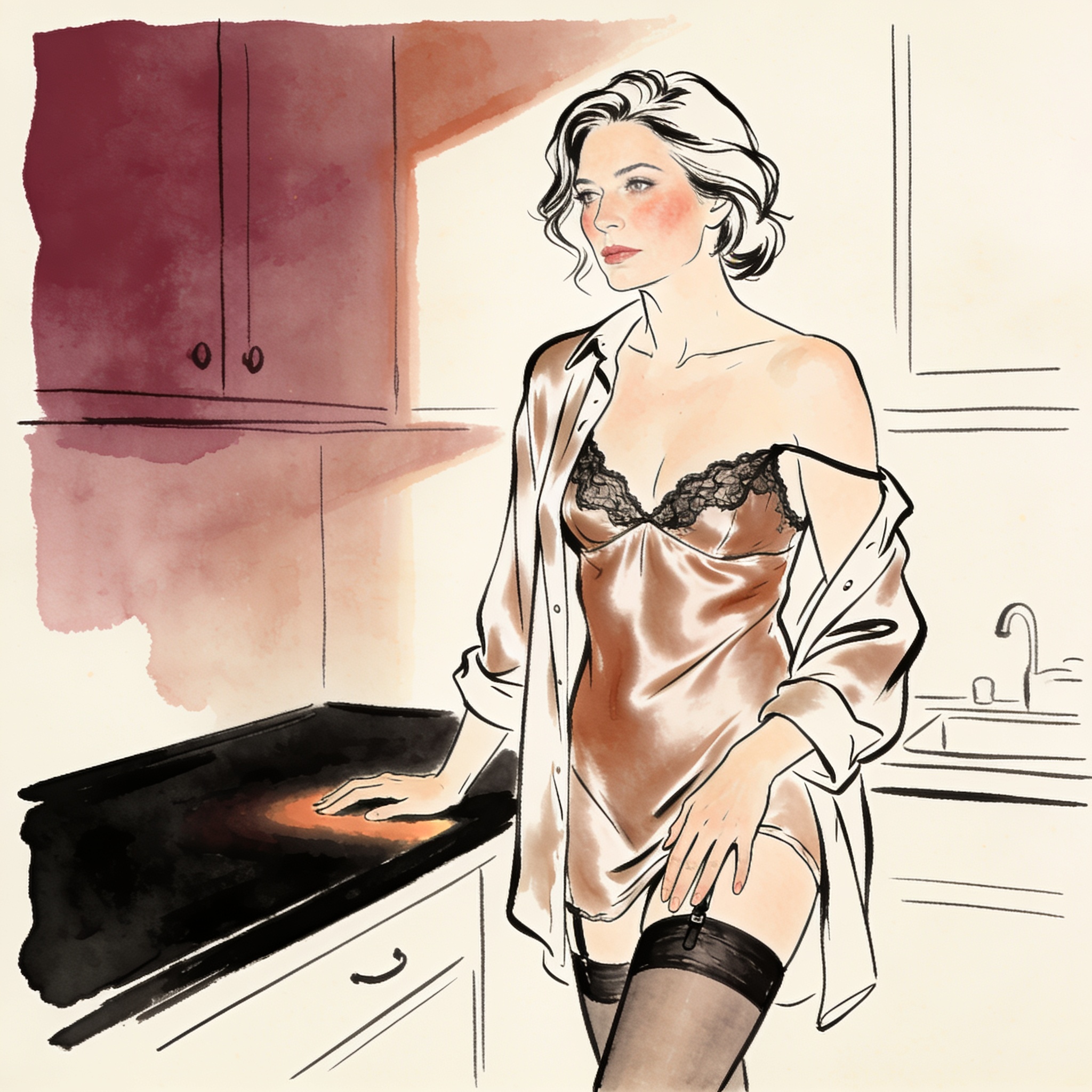 A woman with flushed cheeks touches her thigh, lost in thought as a camisole strap slip...