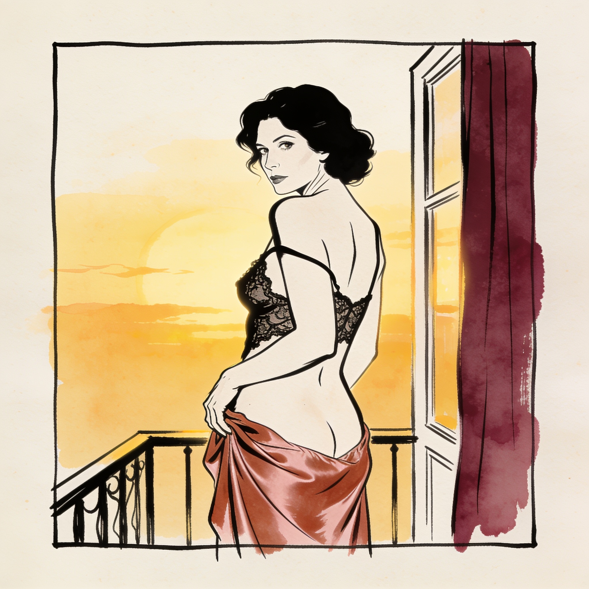 A woman in a lace camisole on a balcony gazes inside, her hand on her bare stomach.