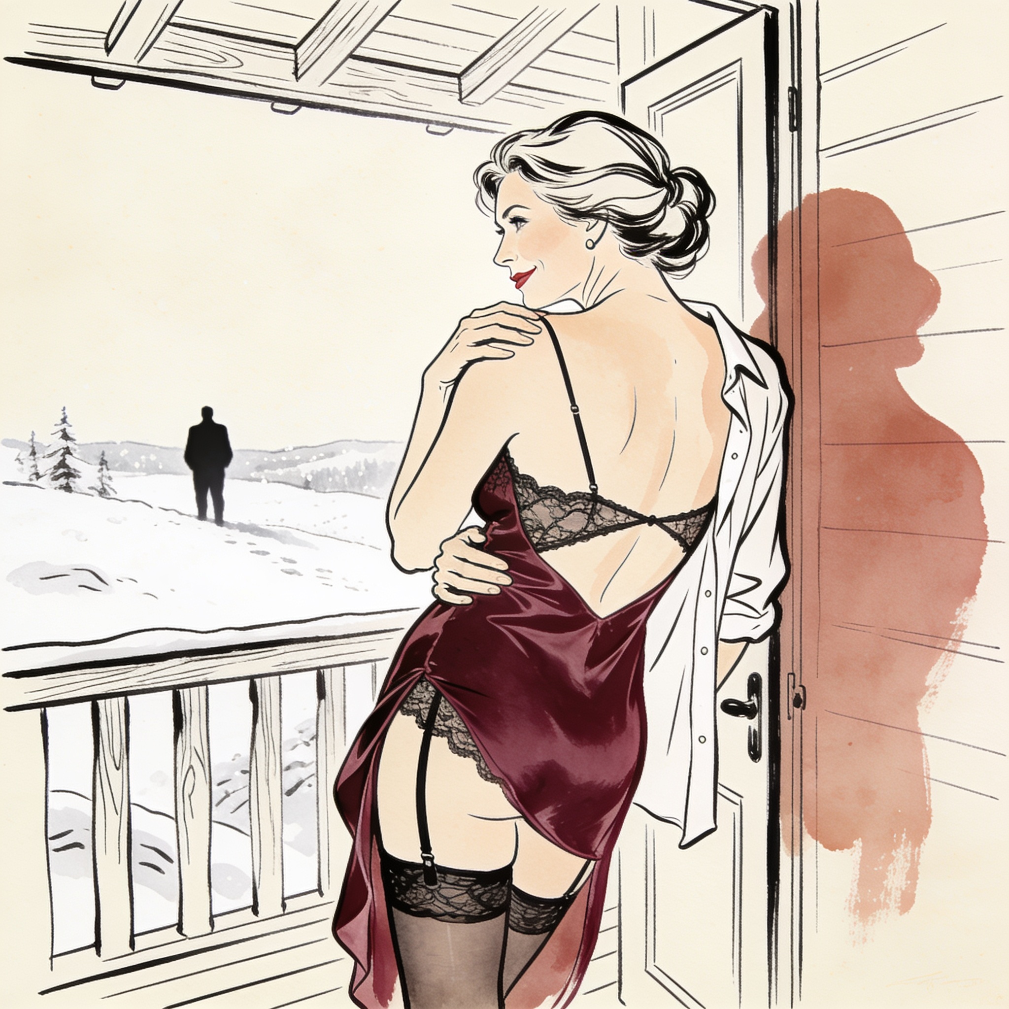 A woman in a silk slip watches her husband from a snowy deck, a secret smile on her lips.