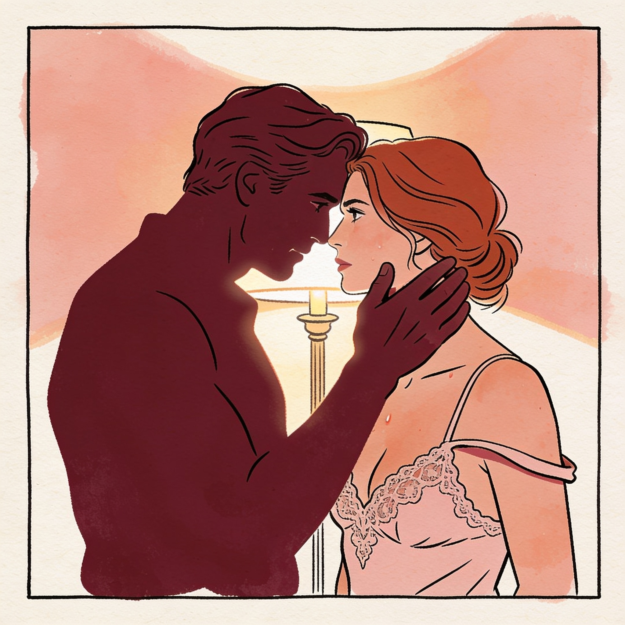 Man and woman in intimate, tense embrace under lamplight, lace camisole strap falling.