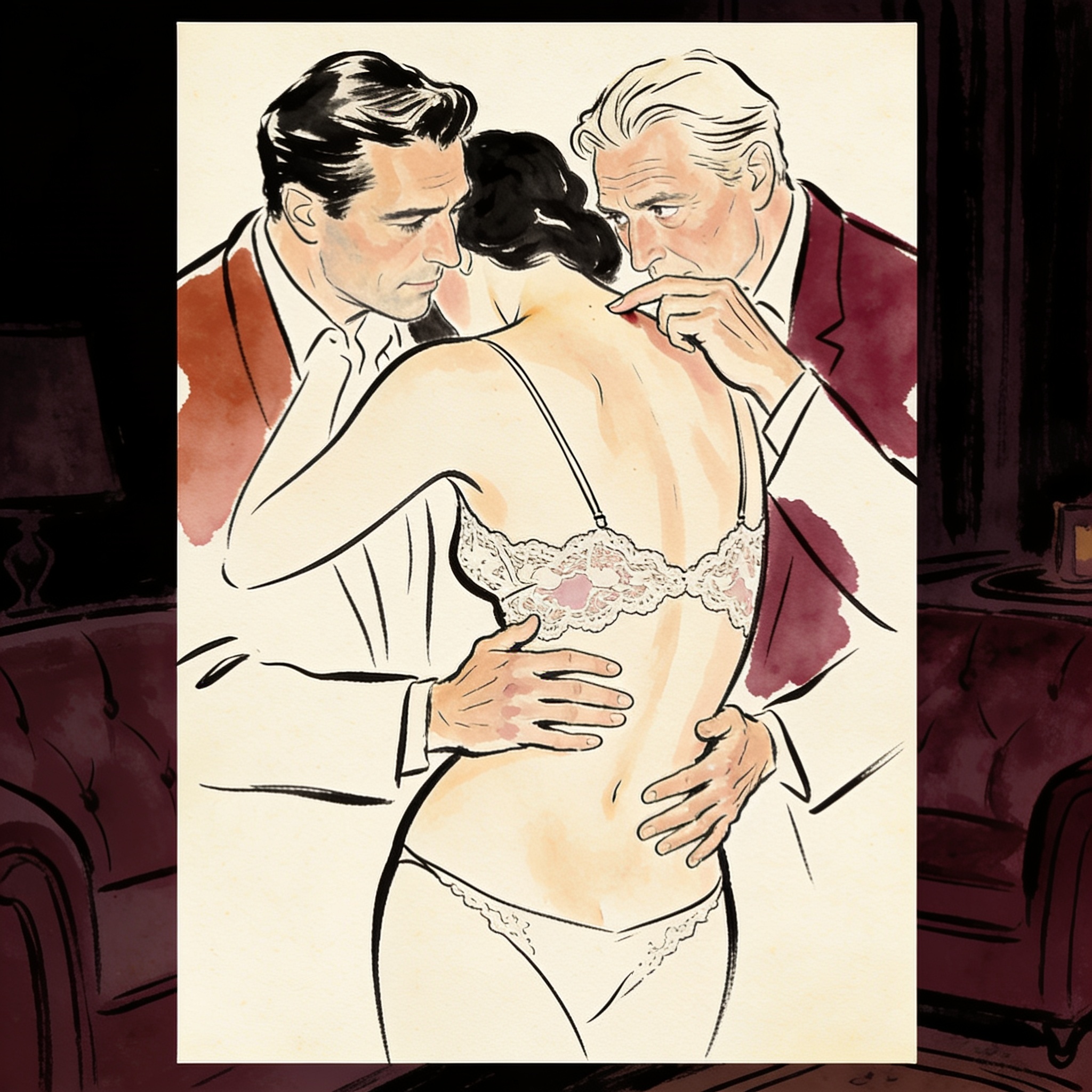 A woman in lace lingerie between two men in a dimly lit club, a tense and intimate moment.