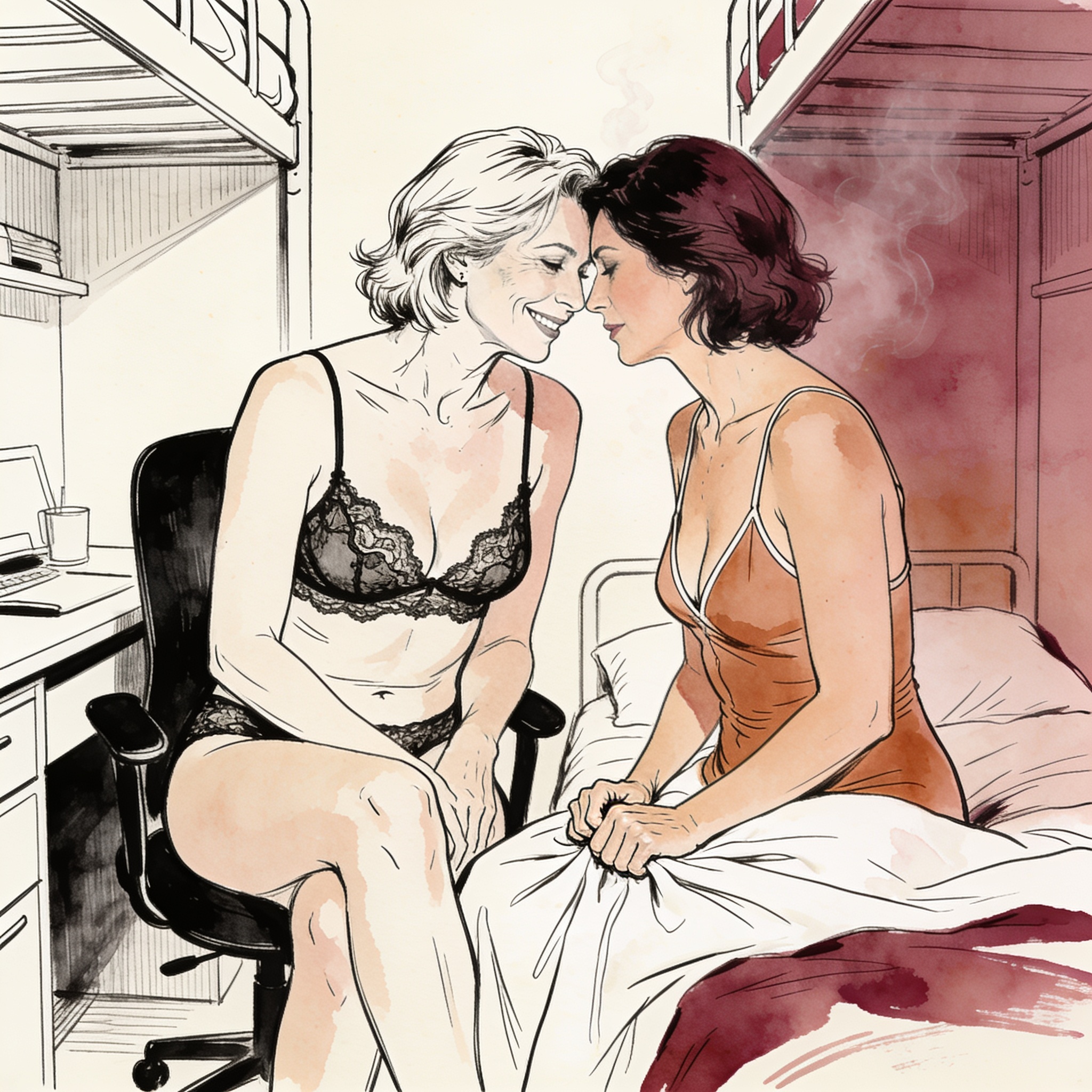 Two women in intimate apparel share a tense, charged moment in a dorm room.