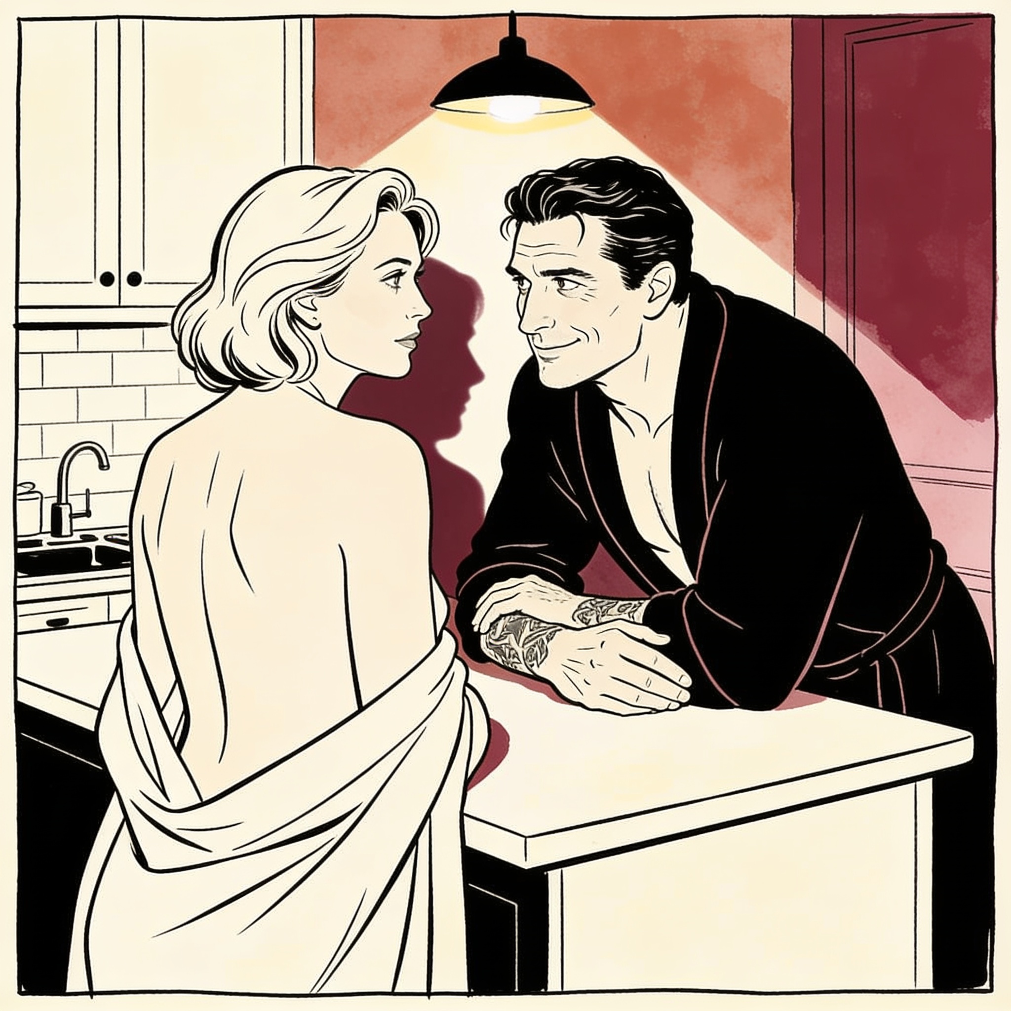 Woman glances back at a man whose intense gaze meets hers across a softly lit room.