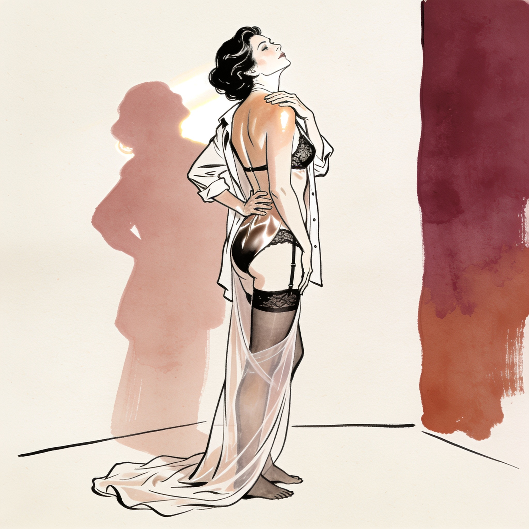 Woman's back, hands applying oil, sheer fabric at her feet in golden light.