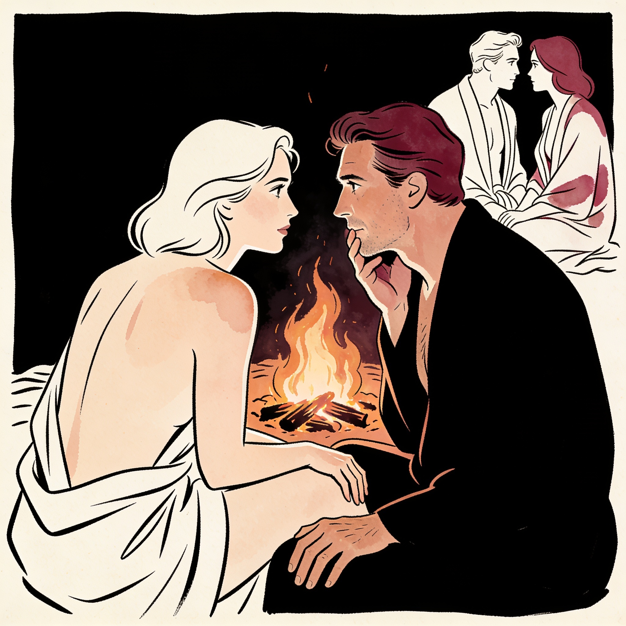 Two couples share a charged, silent moment by a beach bonfire at night.