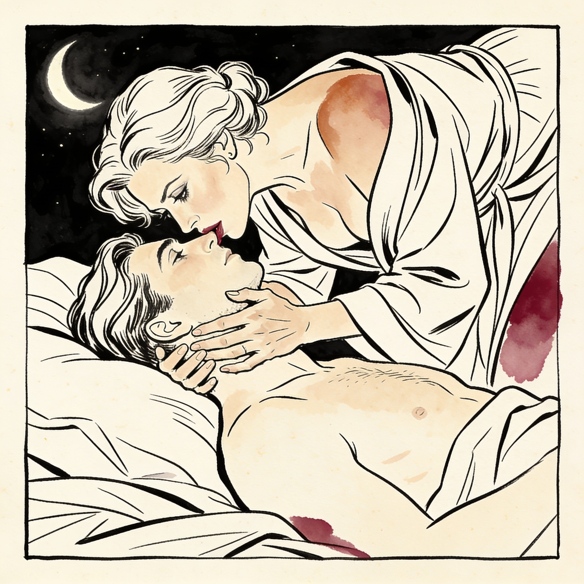 A woman leans in to kiss her sleeping partner, her expression charged with intense desire.