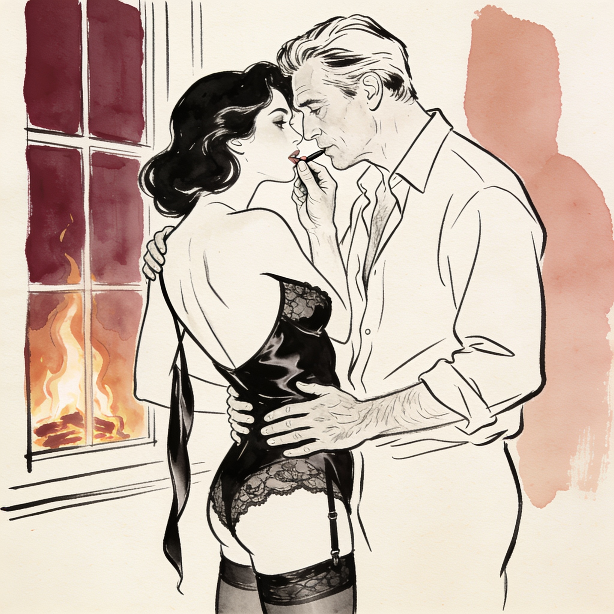 Couple in intimate moment by a window, his thumb on her lip, her silk strap slipping.