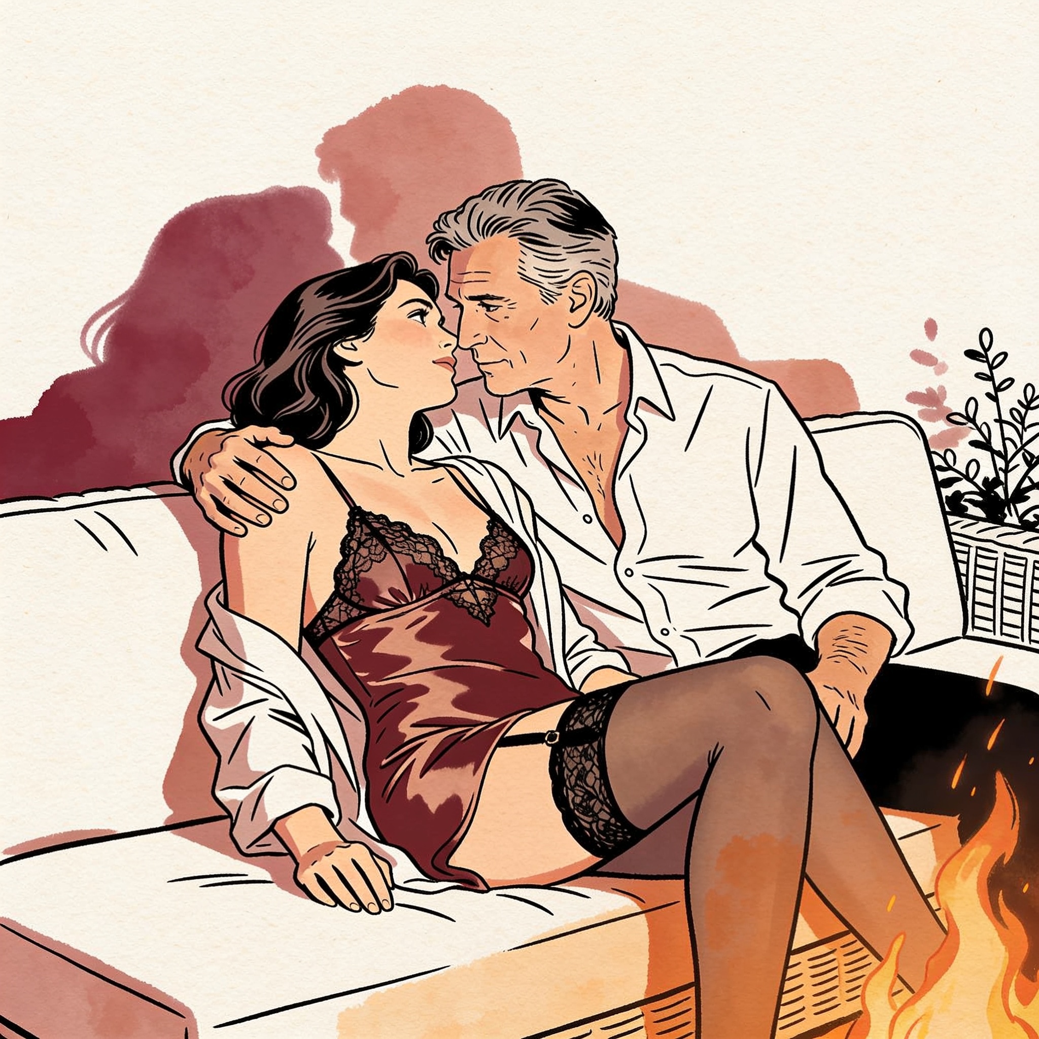Couple in intimate moment on a couch by a fire, foreheads touching, longing gaze.
