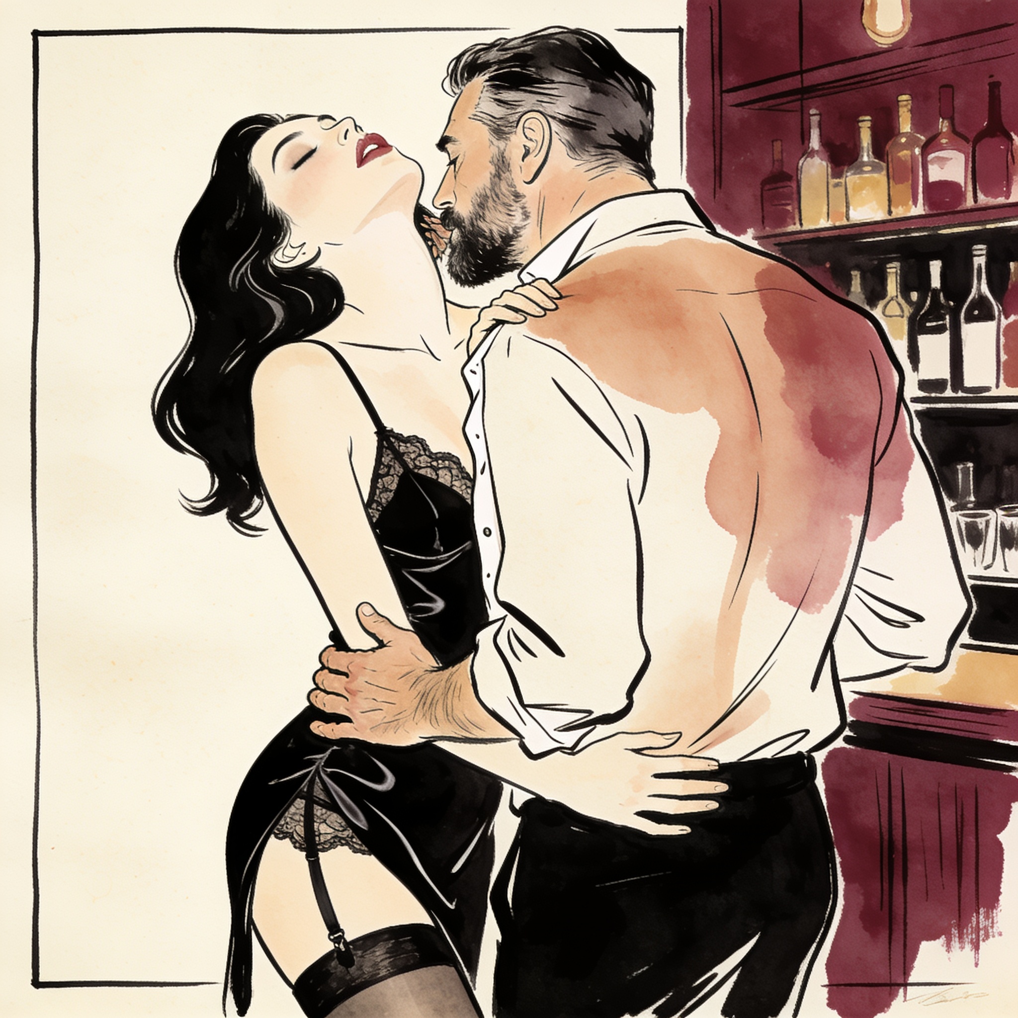 A man guides a woman's arched back toward another man's intense stare in a dim lounge.