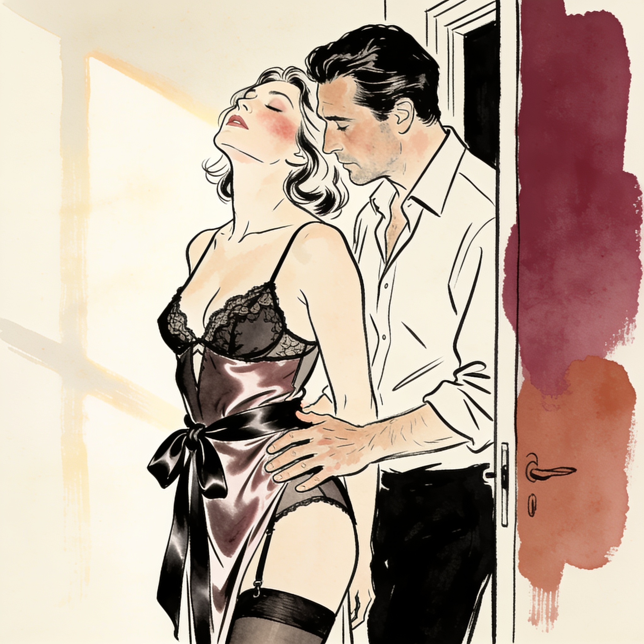 Woman with silk ribbon waits as partner, in a shirt, gazes at her with desire.