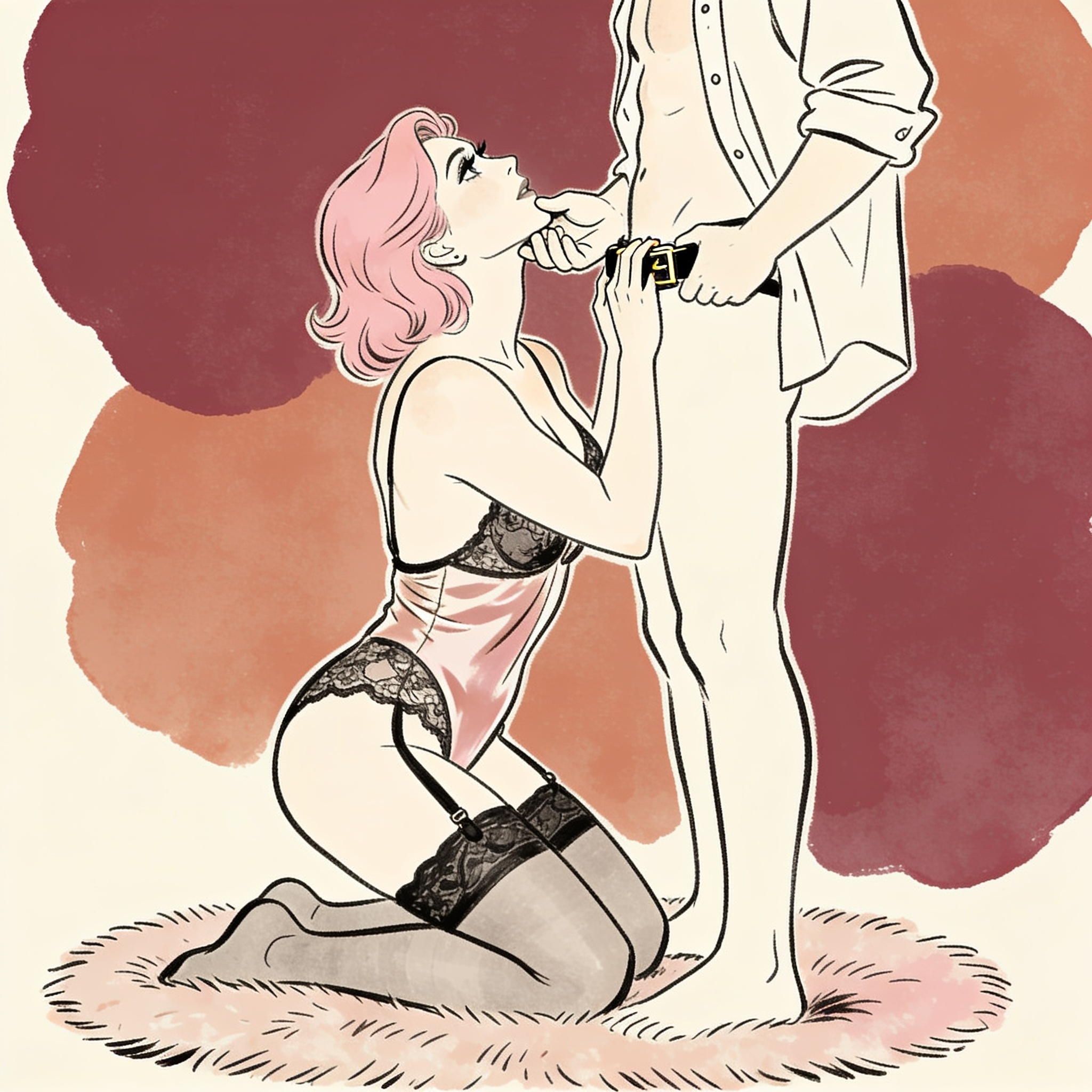 A woman on her knees looking up at a man, her hand near his belt, his hand on her face.