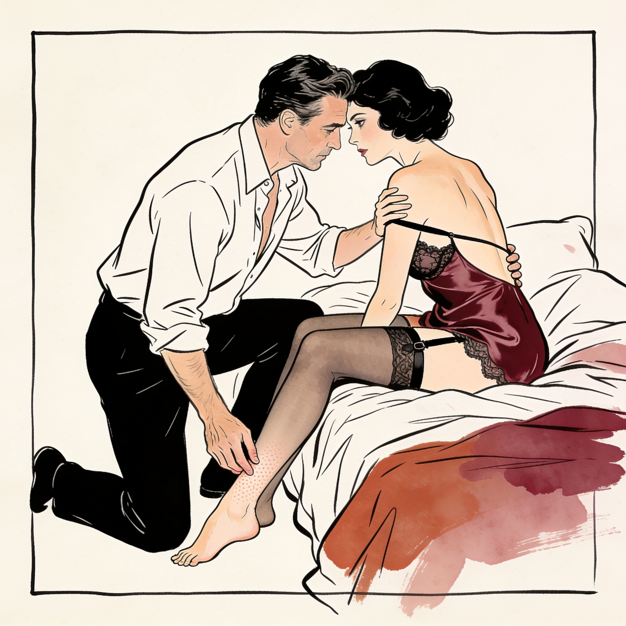 Intimate moment, hand hovering near a bared ankle on a bed, a charged gaze.