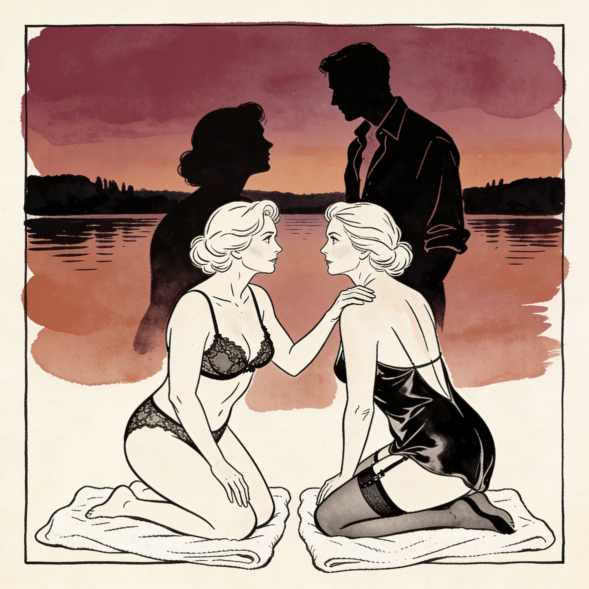 Silhouettes of two women facing a man on a beach at dusk, charged with tension.