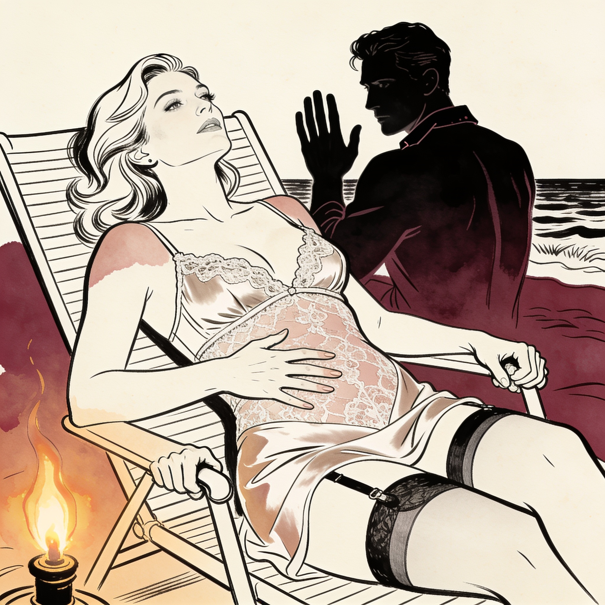 A man secretly watches a woman lost in desire on a moonlit beach.