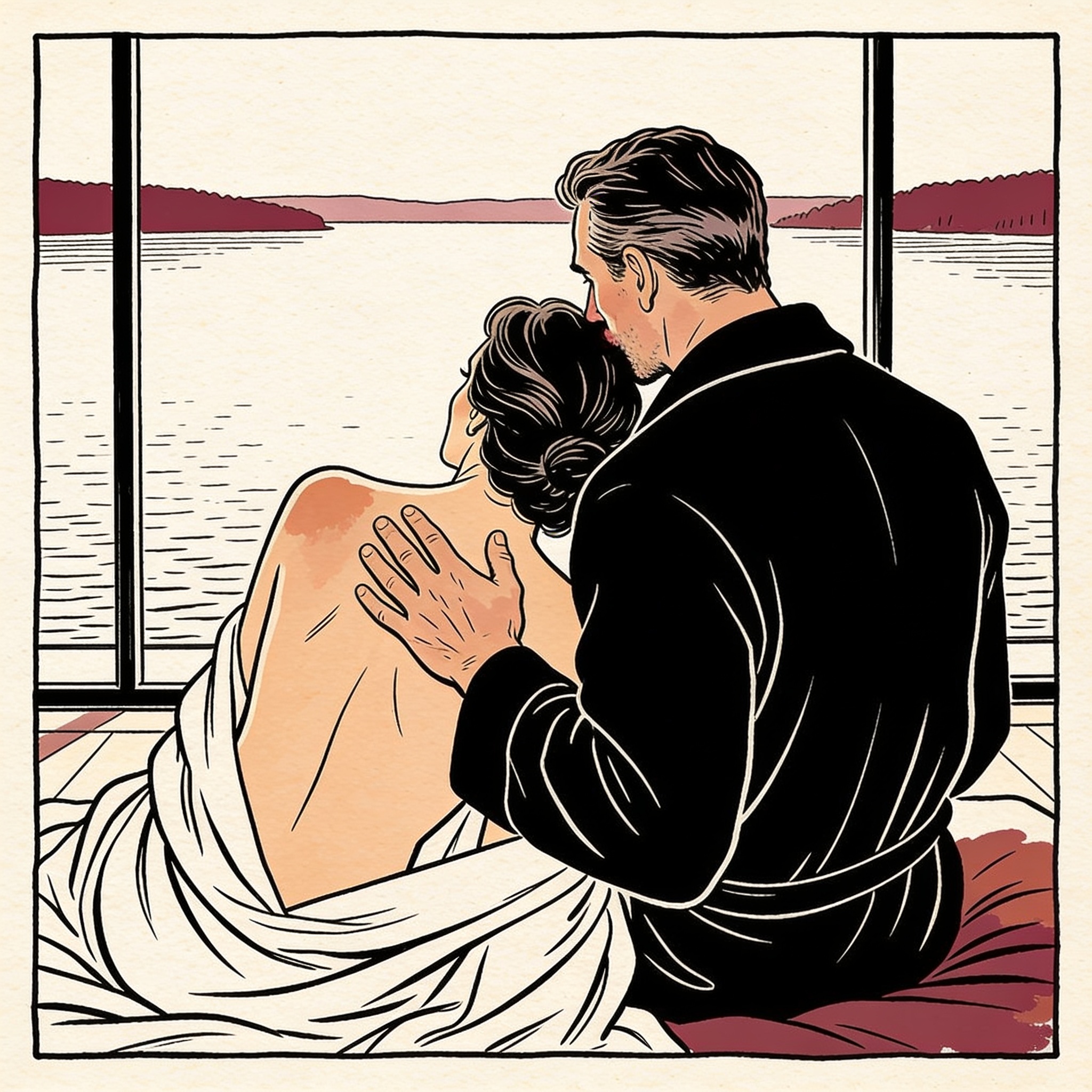 A man stands behind a woman at a window, his lips near her neck, her back arched agains...