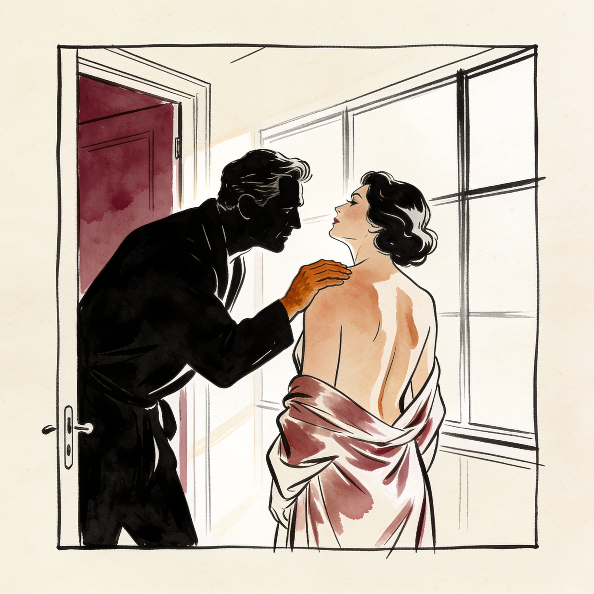 A man's hand rests on a woman's bare shoulder as she stands before a large window.
