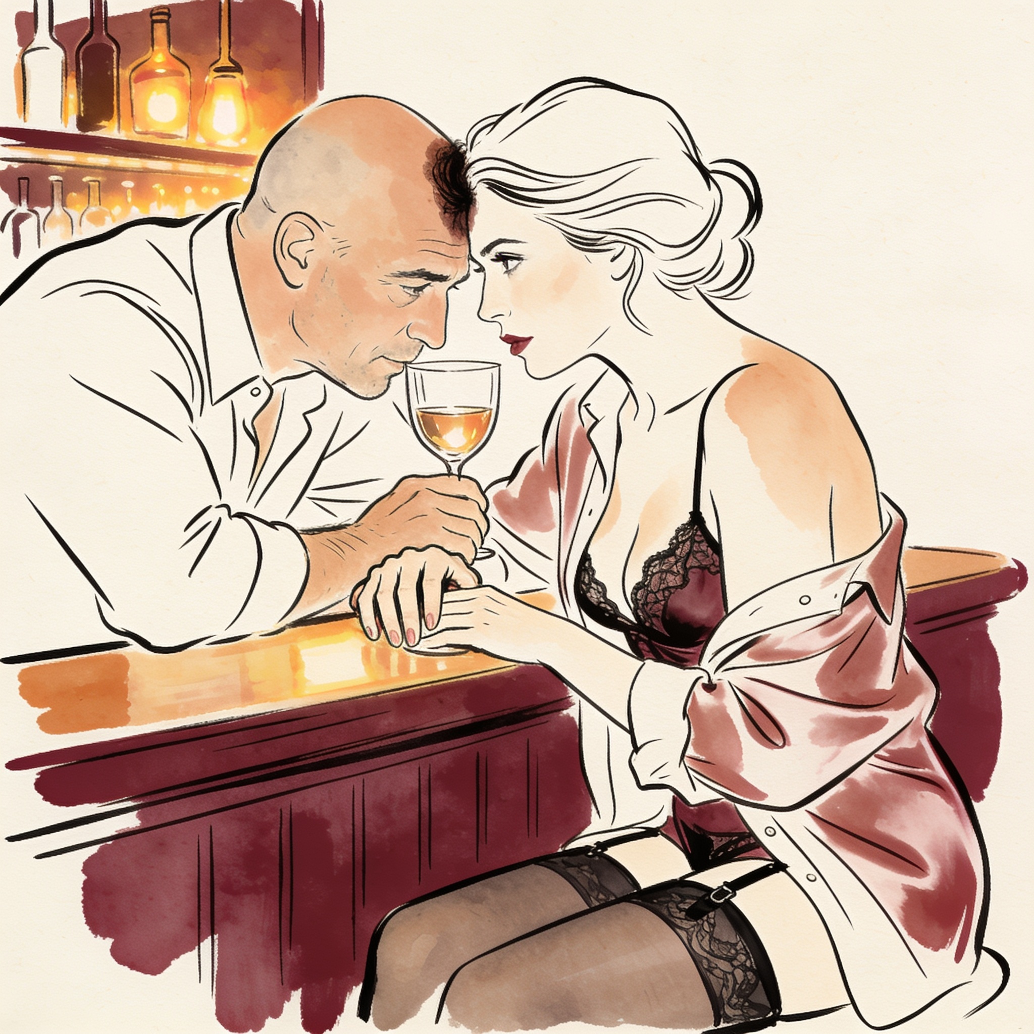 A couple shares an intimate, tense moment at a dimly lit bar.