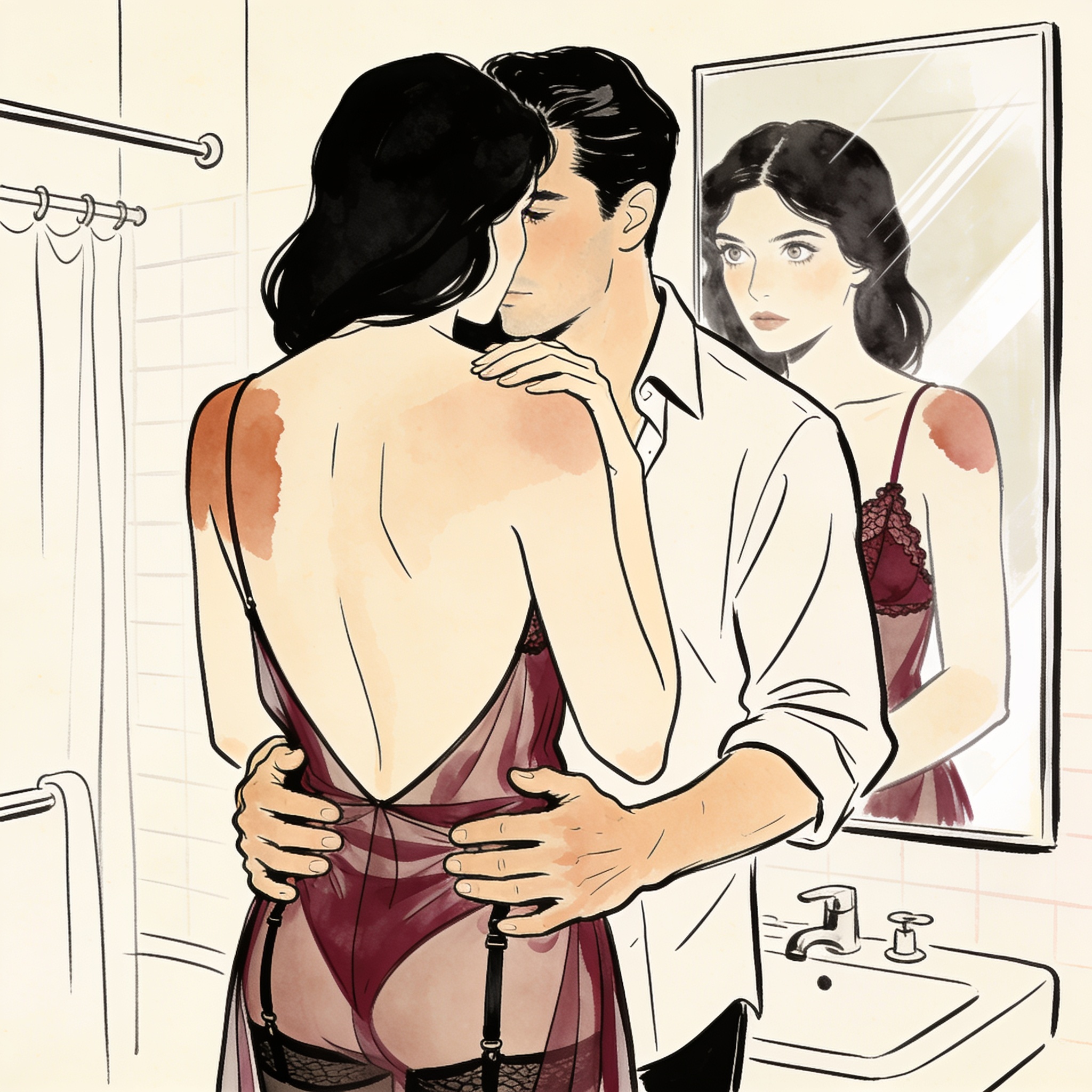 A man grips a woman's hips from behind; their intense reflection is visible in a mirror.
