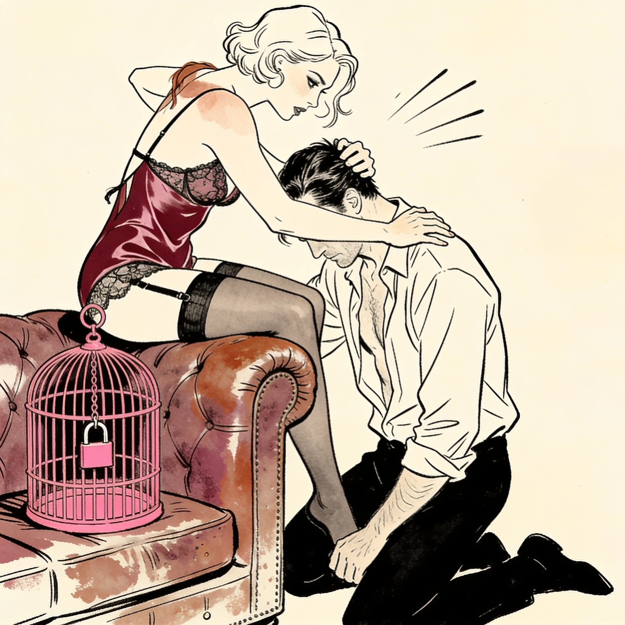 A woman strikes a kneeling man, who wears a pink cage, in a dim apartment.