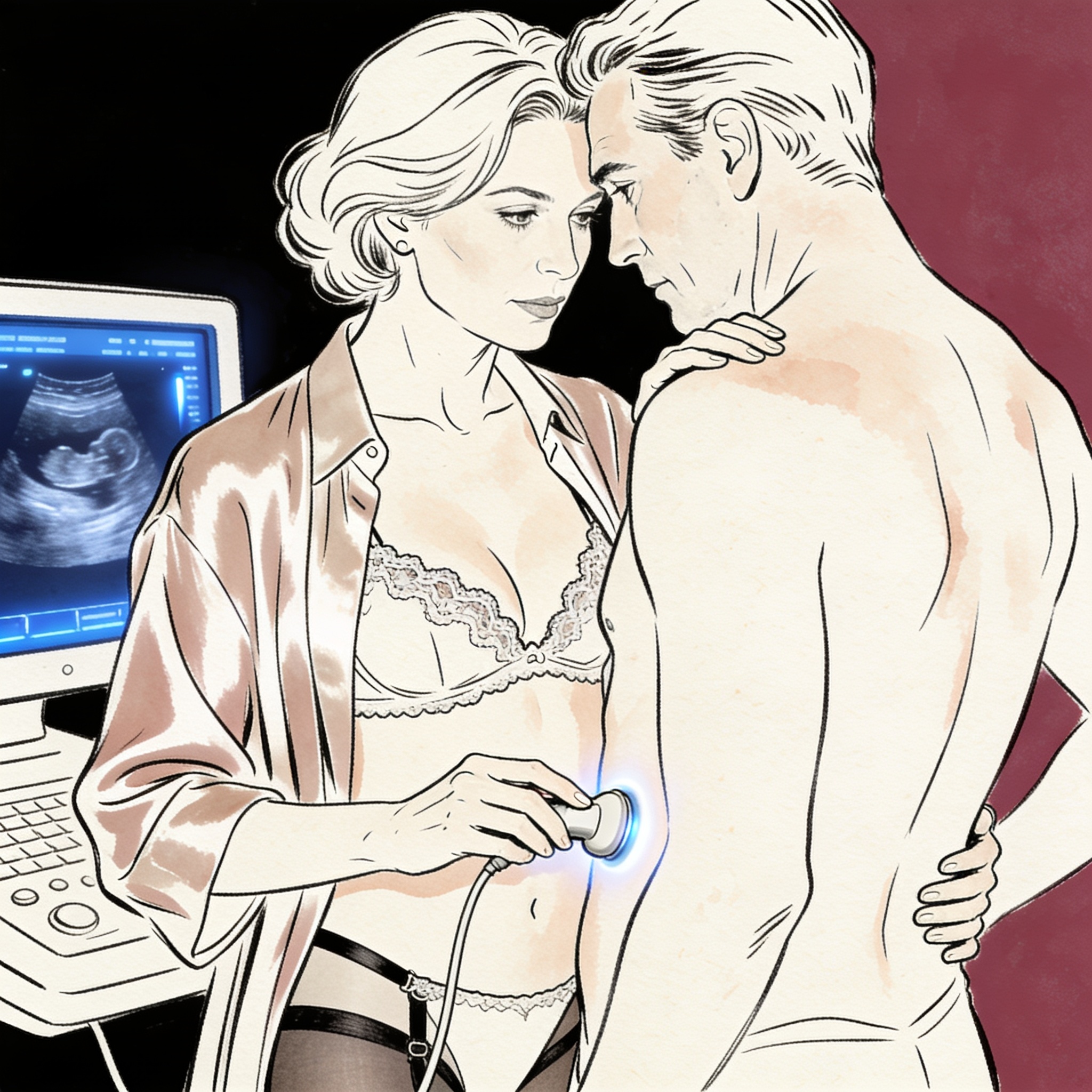 A woman in an untucked silk blouse faces a man in a dimly lit medical room, tension pal...