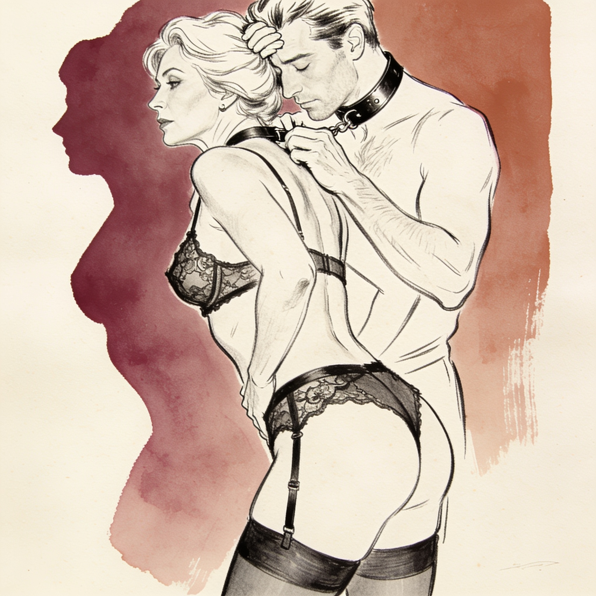 Close-up of a woman in lingerie as a man fastens a collar, their foreheads touching.