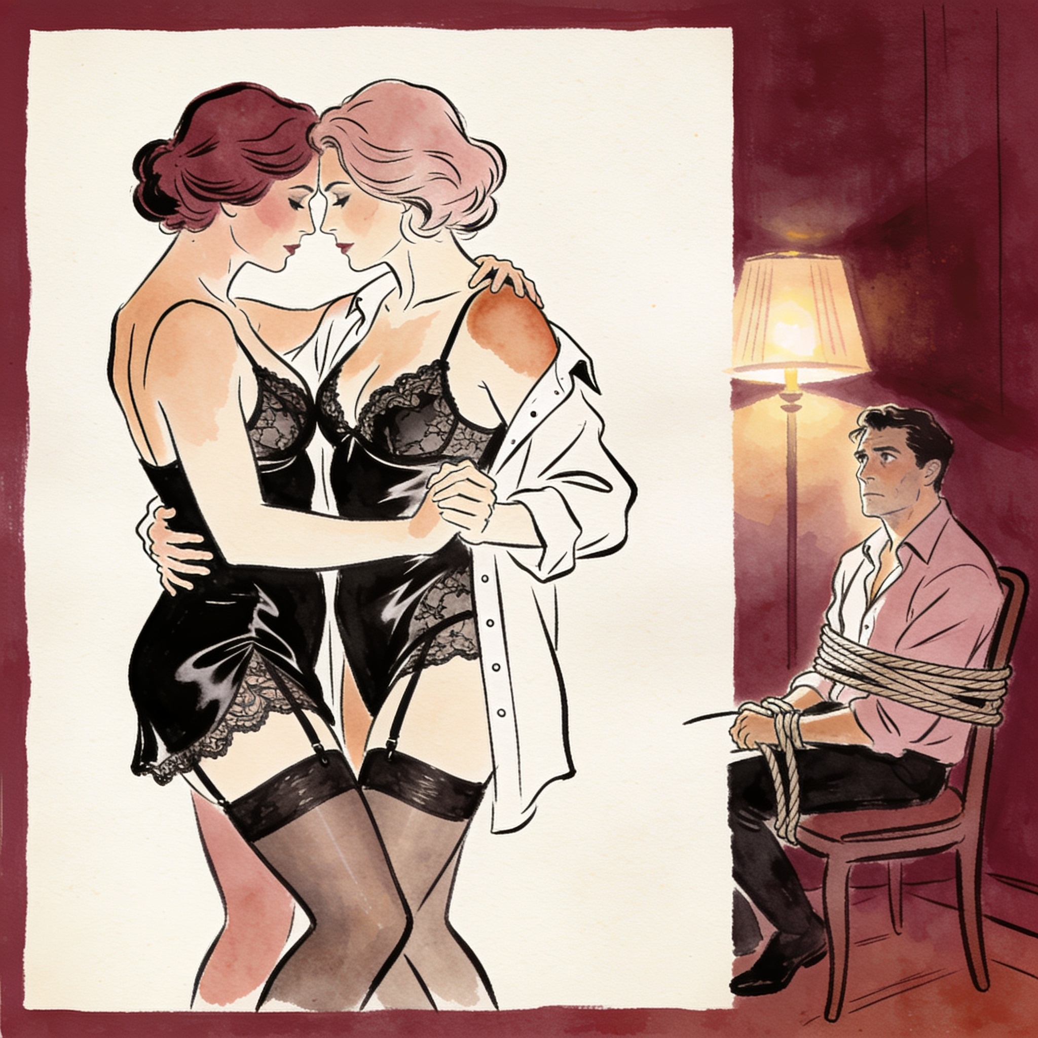Two women in lace lingerie dance closely as a bound man watches.