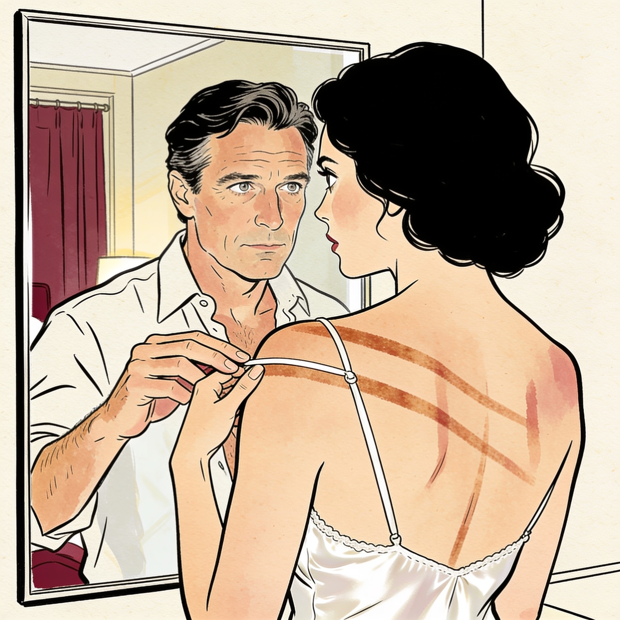 A man's hand near a woman's silk slip strap as they gaze at each other in a mirror.