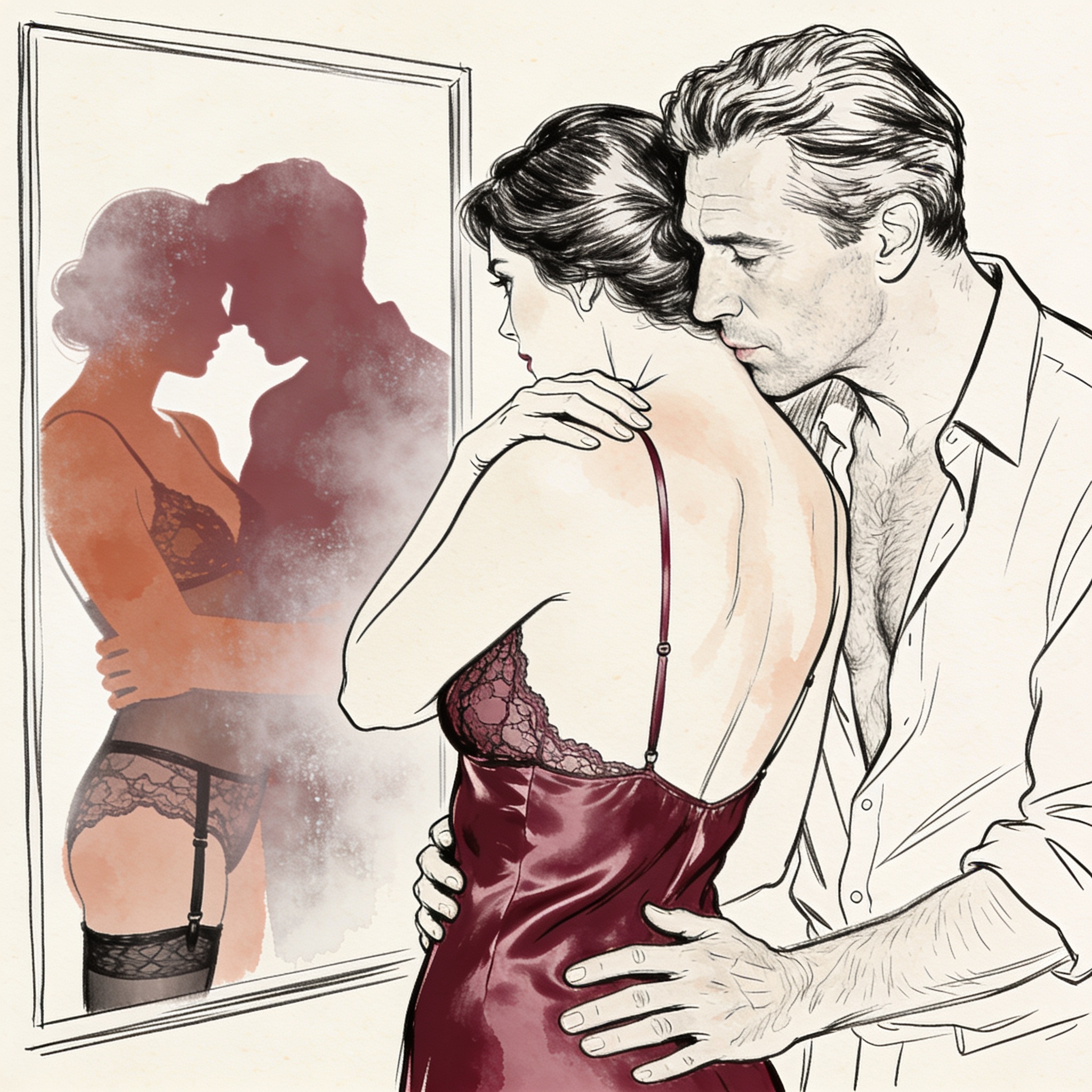 Couple embracing, watching another couple's reflection in a mirror.