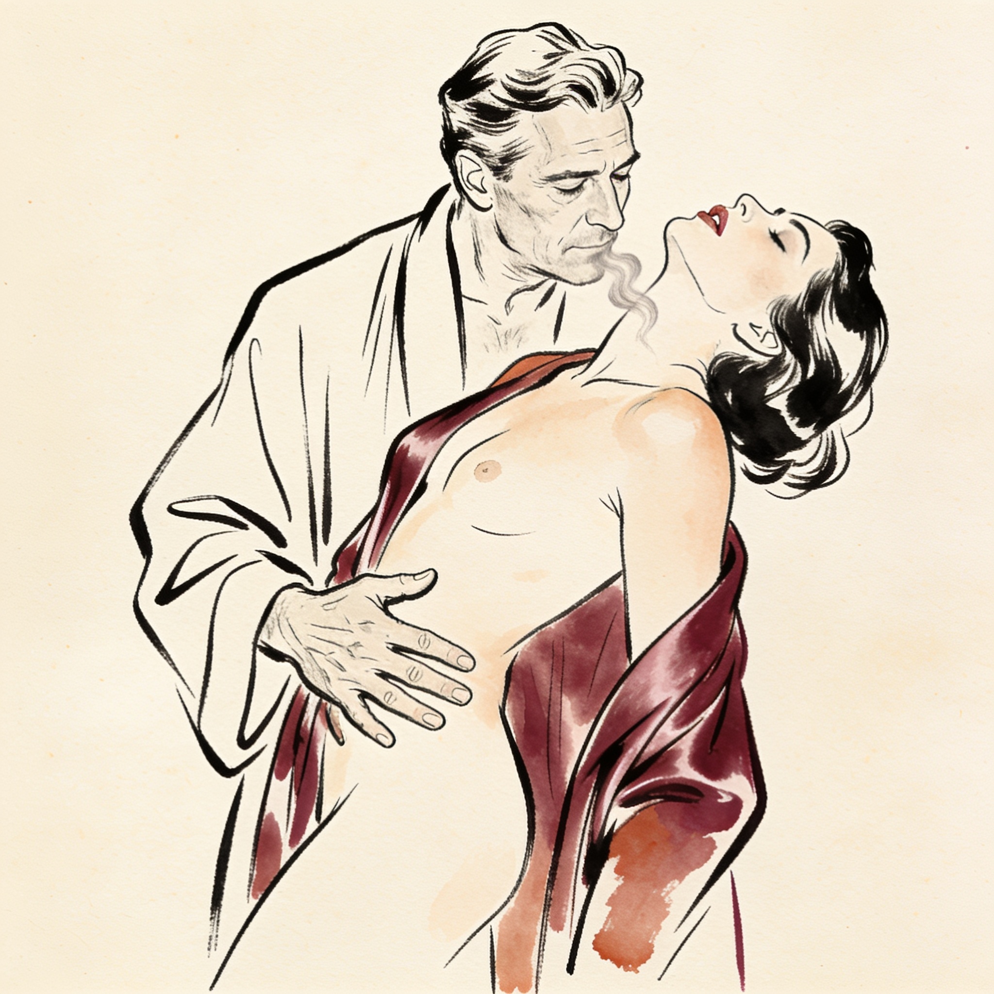 A couple in an intimate embrace, her silk robe slipping from her shoulder.