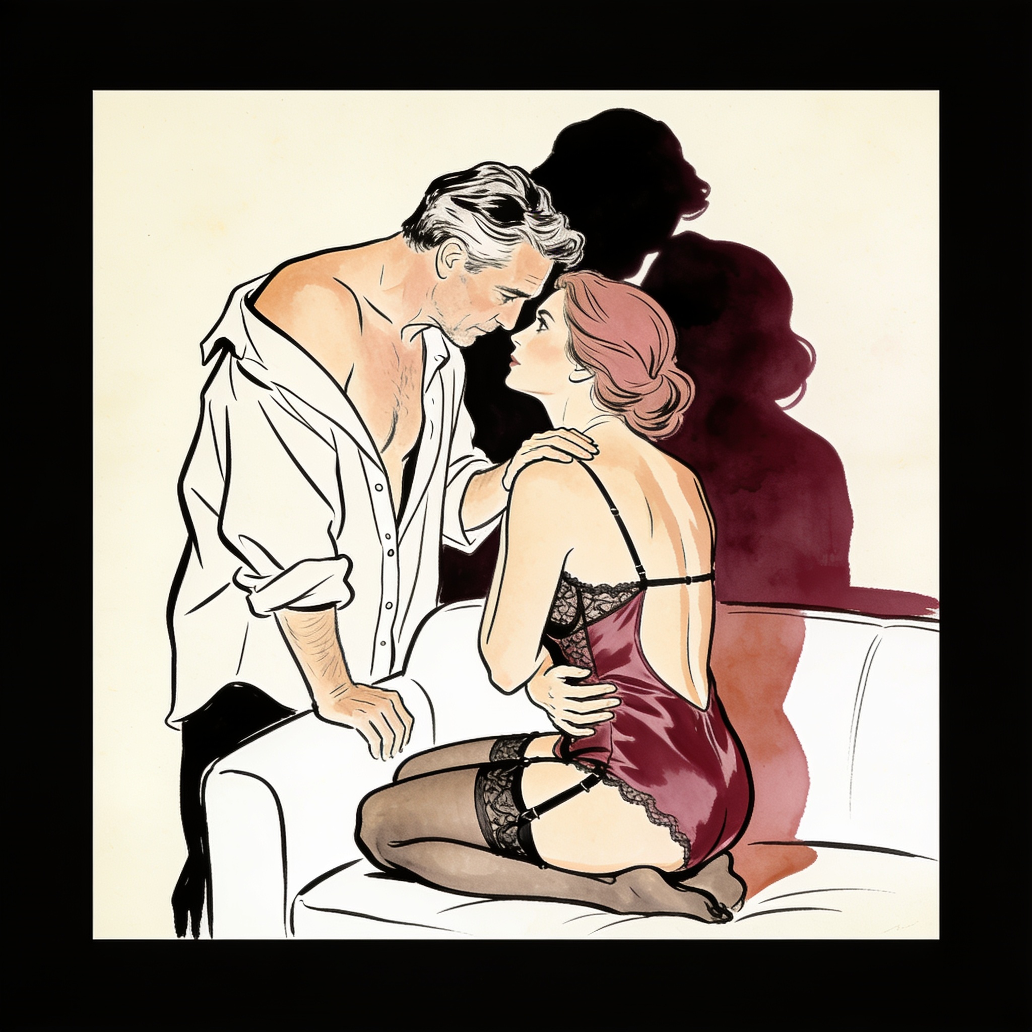 A couple in a modern room, his shadow engulfing her as his shirt slips off her shoulder.
