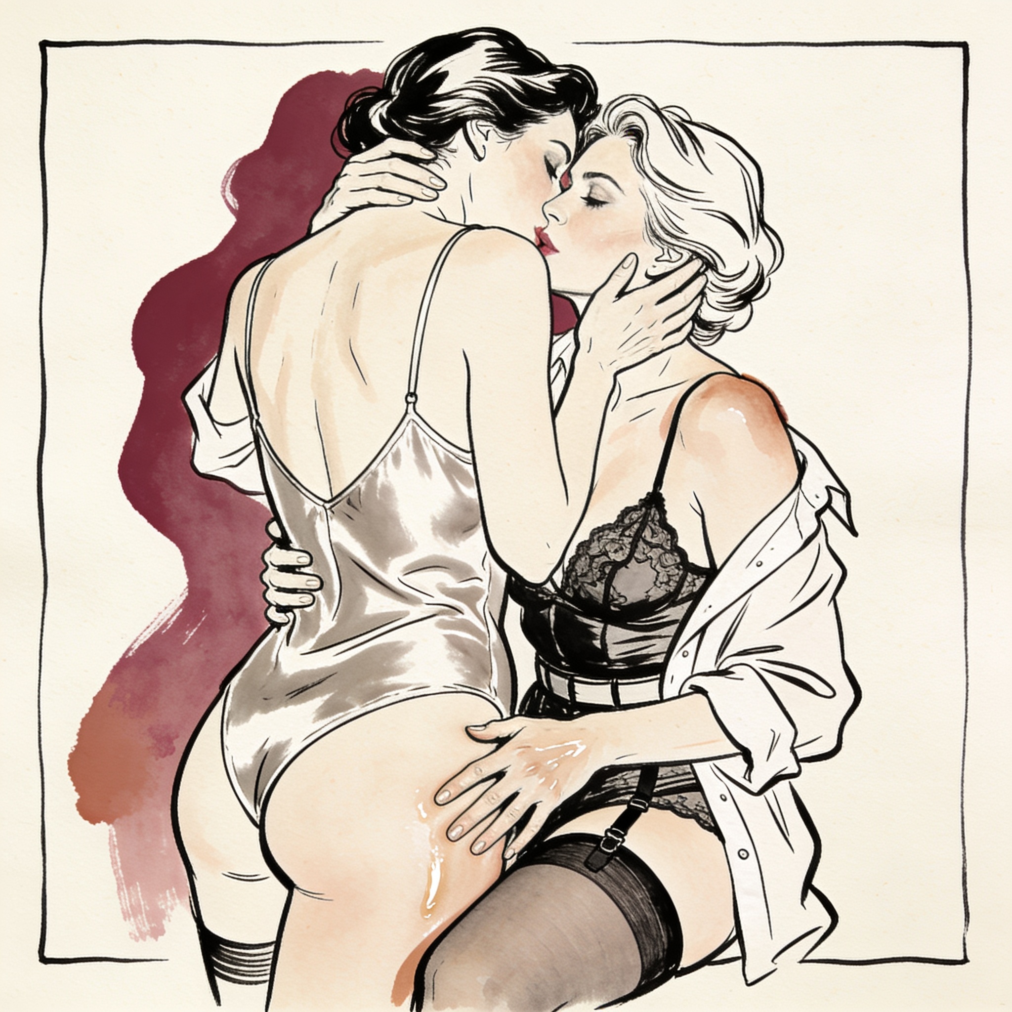 Two women and a man in an intimate, sensual moment, lit by soft lamplight.