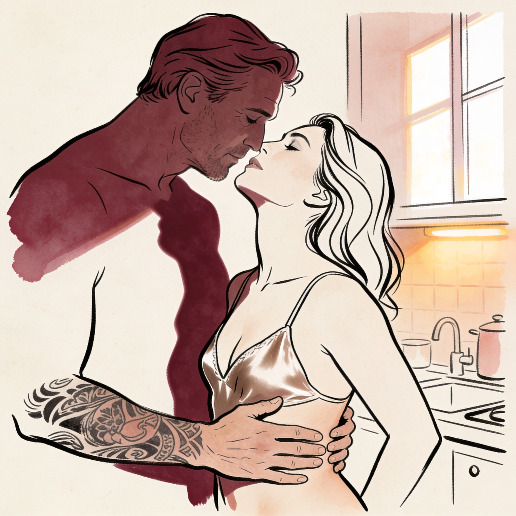 A man's hand pulls a woman in a silk camisole close against him in a dark kitchen.