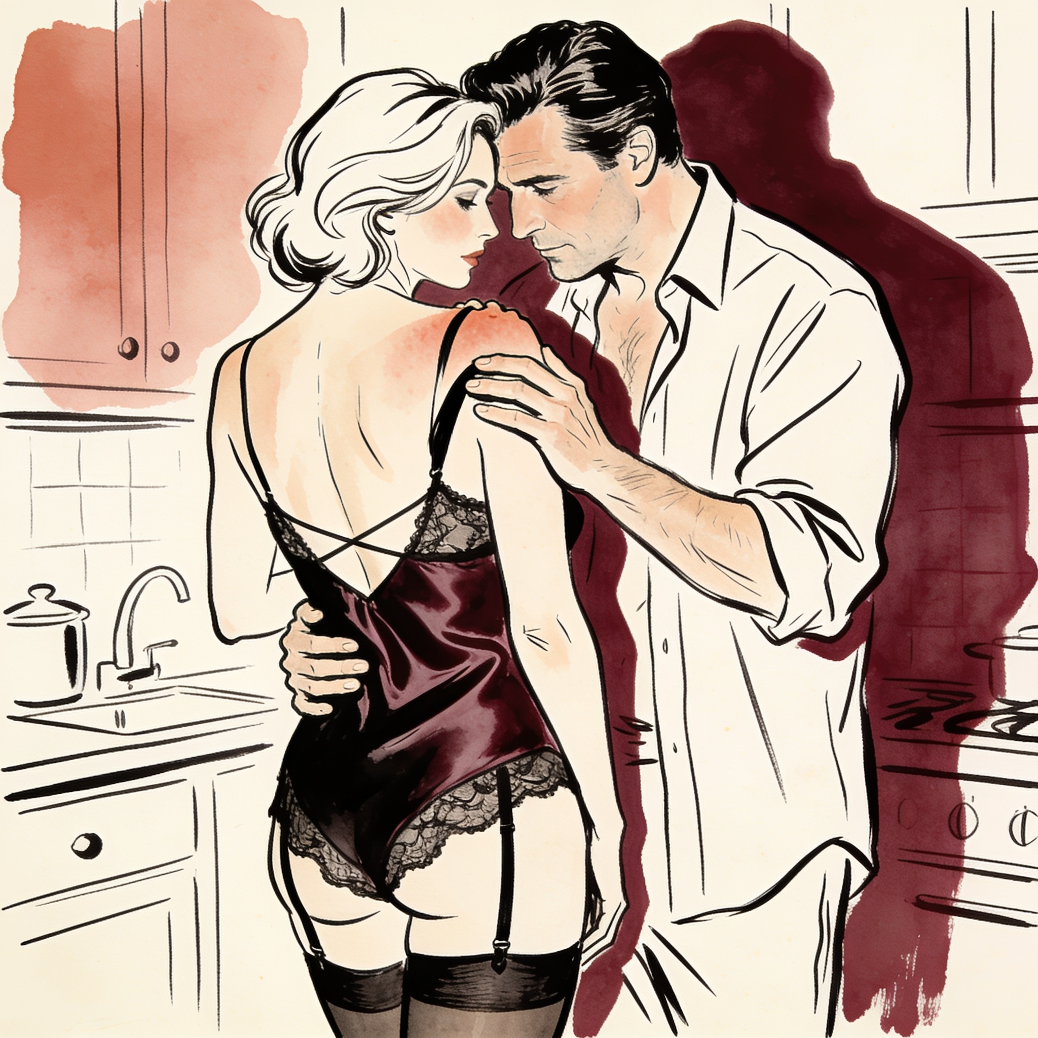 A man's shadow engulfs a woman in a kitchen, his hand on her bare shoulder.