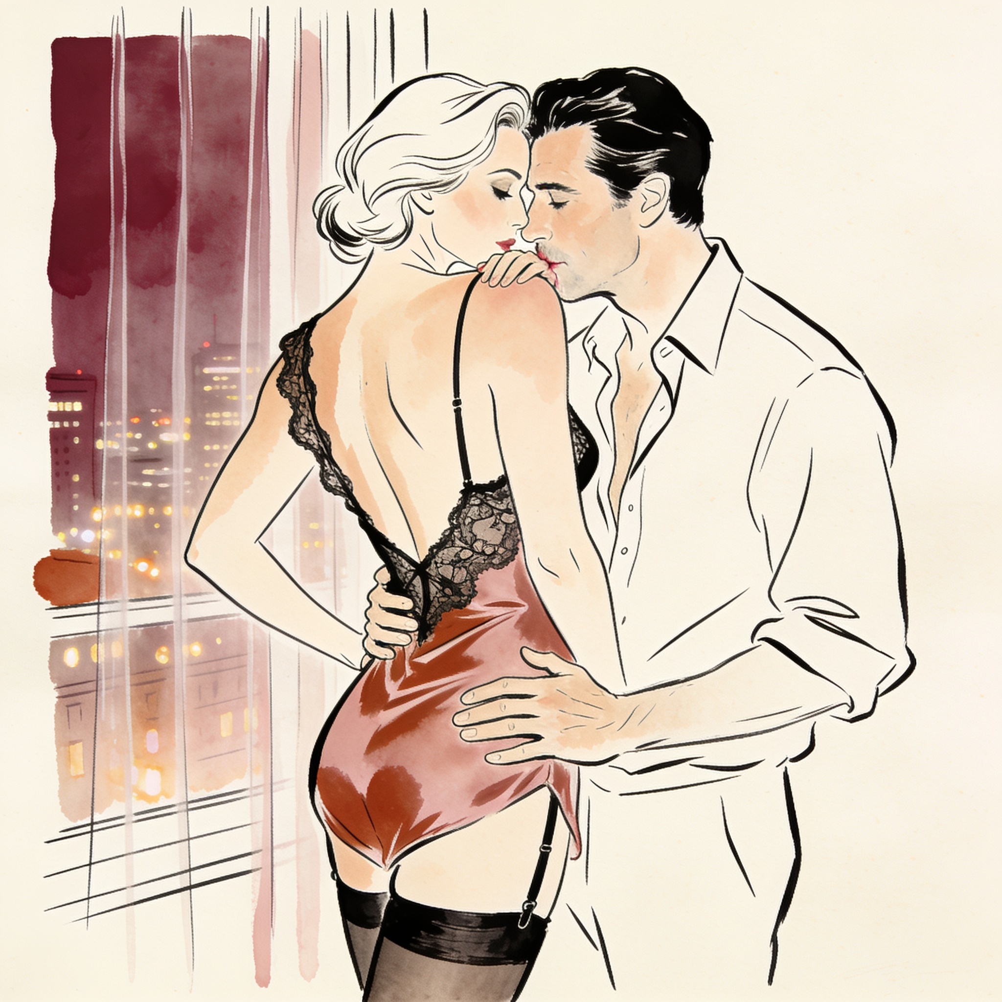 A couple shares an intimate moment with a guest in a hotel room, backlit by city lights.
