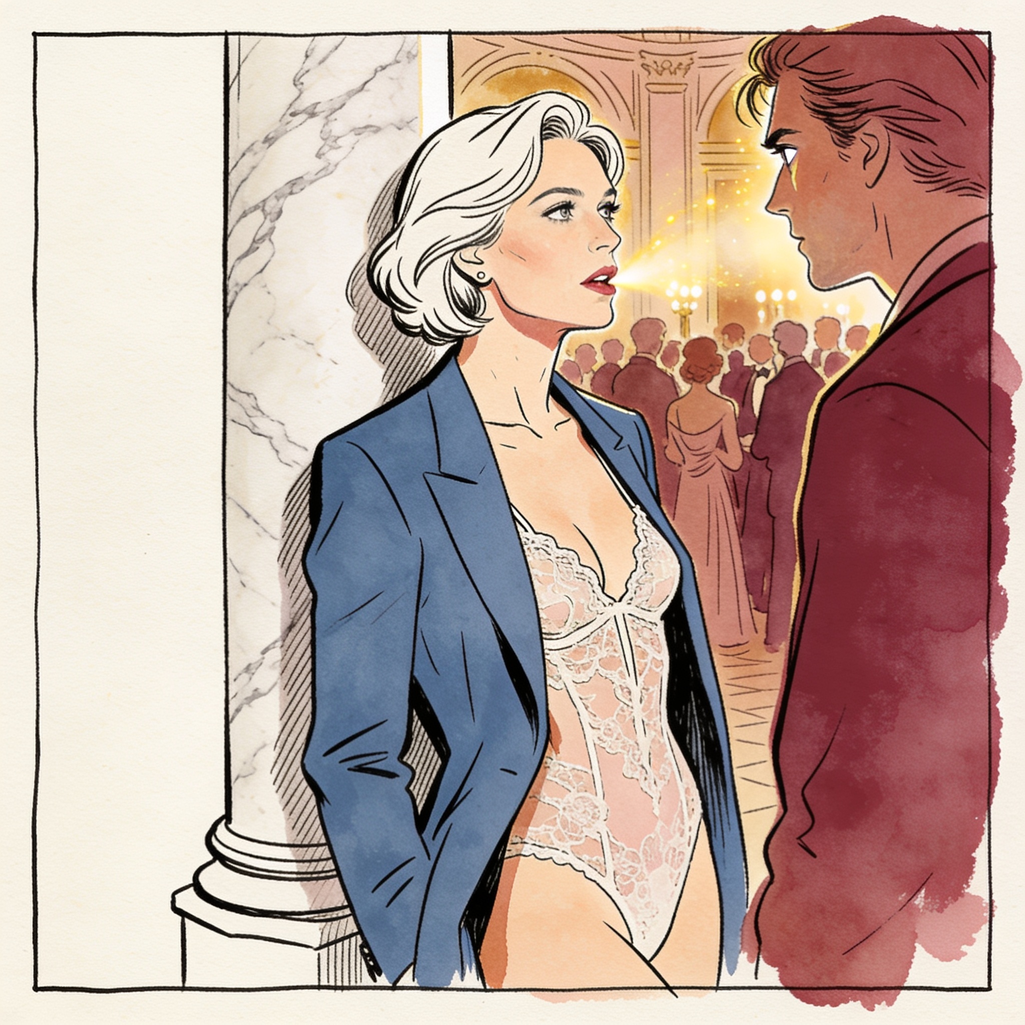 A woman in a suit and lace camisole shares an intense, longing gaze with a stranger.