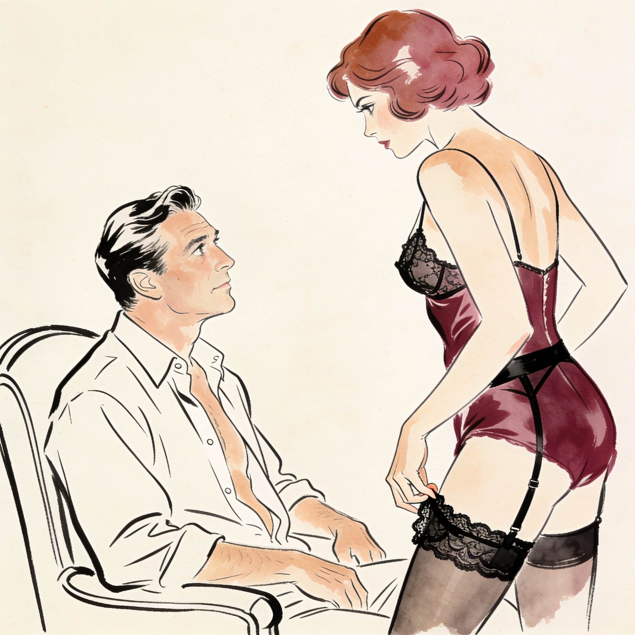 Two women in intimate lingerie share a charged moment as a man watches from a chair.