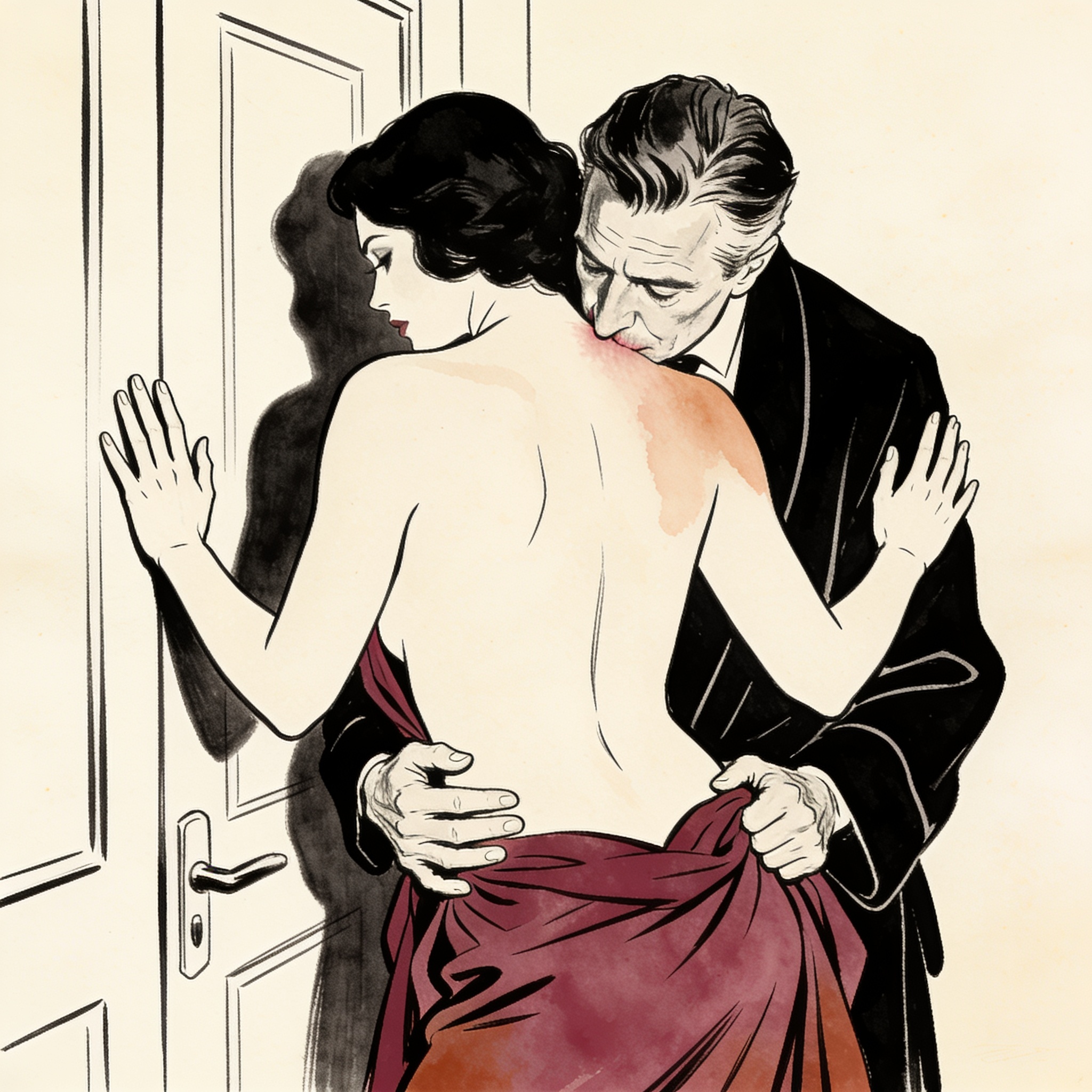 A woman's back arches against a door as a man's hands push up her dress from behind.