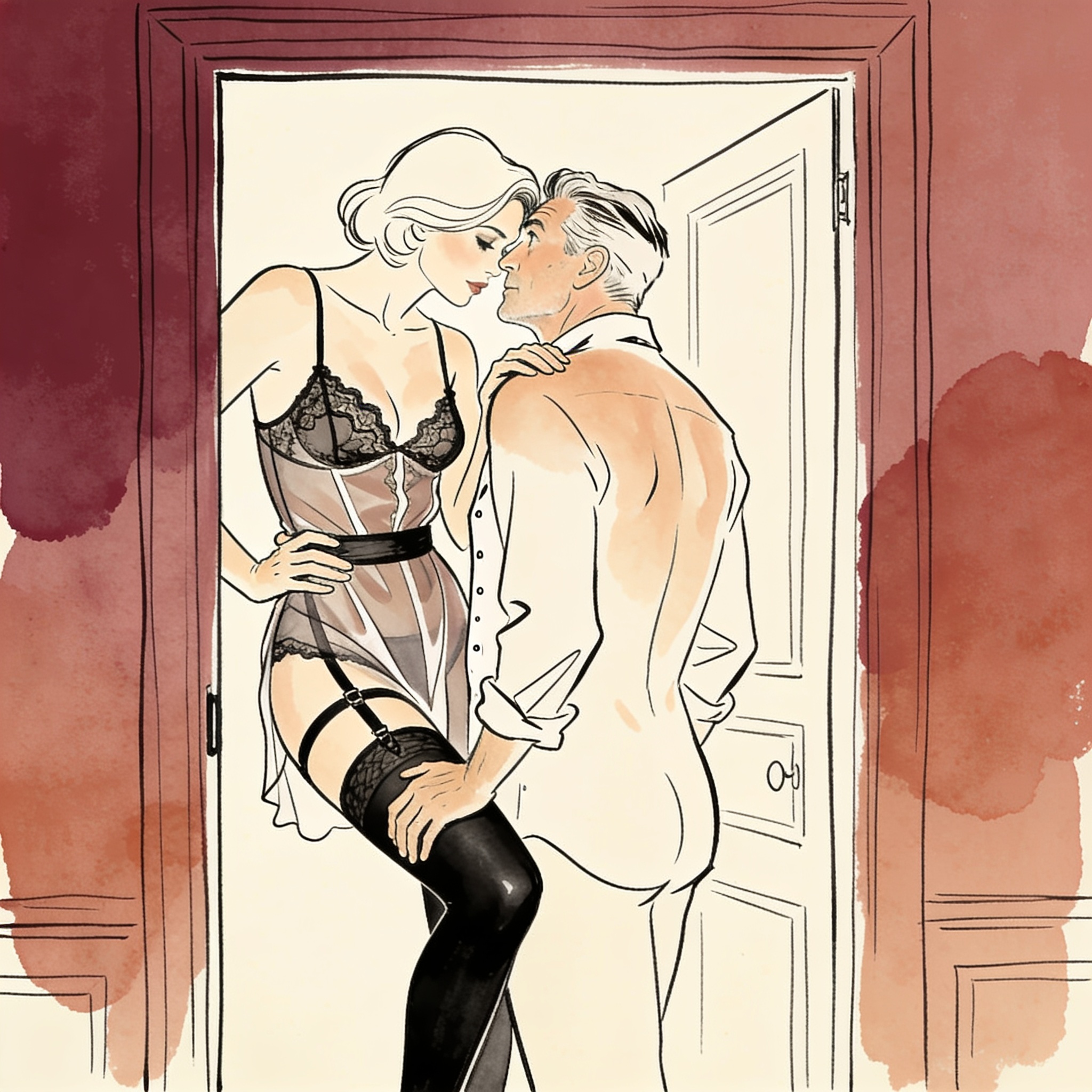 A woman leans in a doorway as a man's gaze travels up her sheer-clad leg, tension palpa...