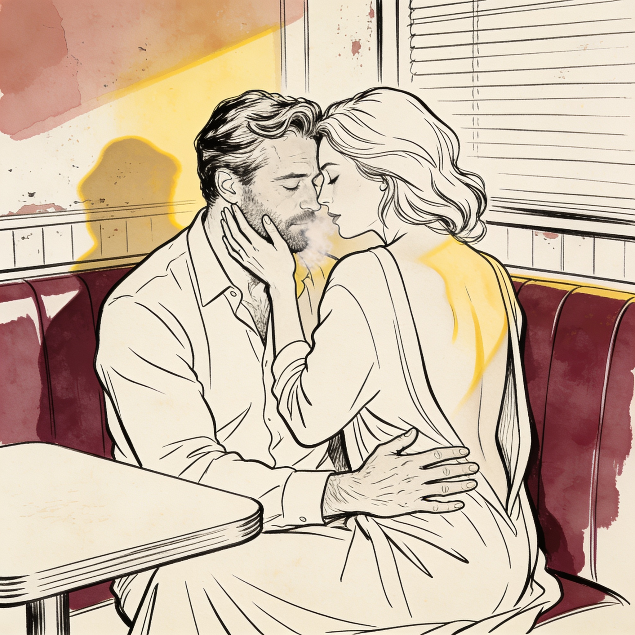 Man and woman touch foreheads, her hand on his face, his hand on her lower back in a qu...