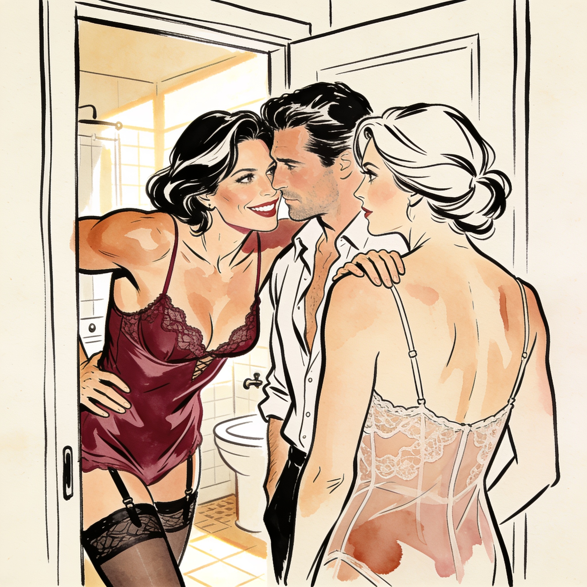 A woman watches from a doorway as a man and another woman in lingerie stand close, char...